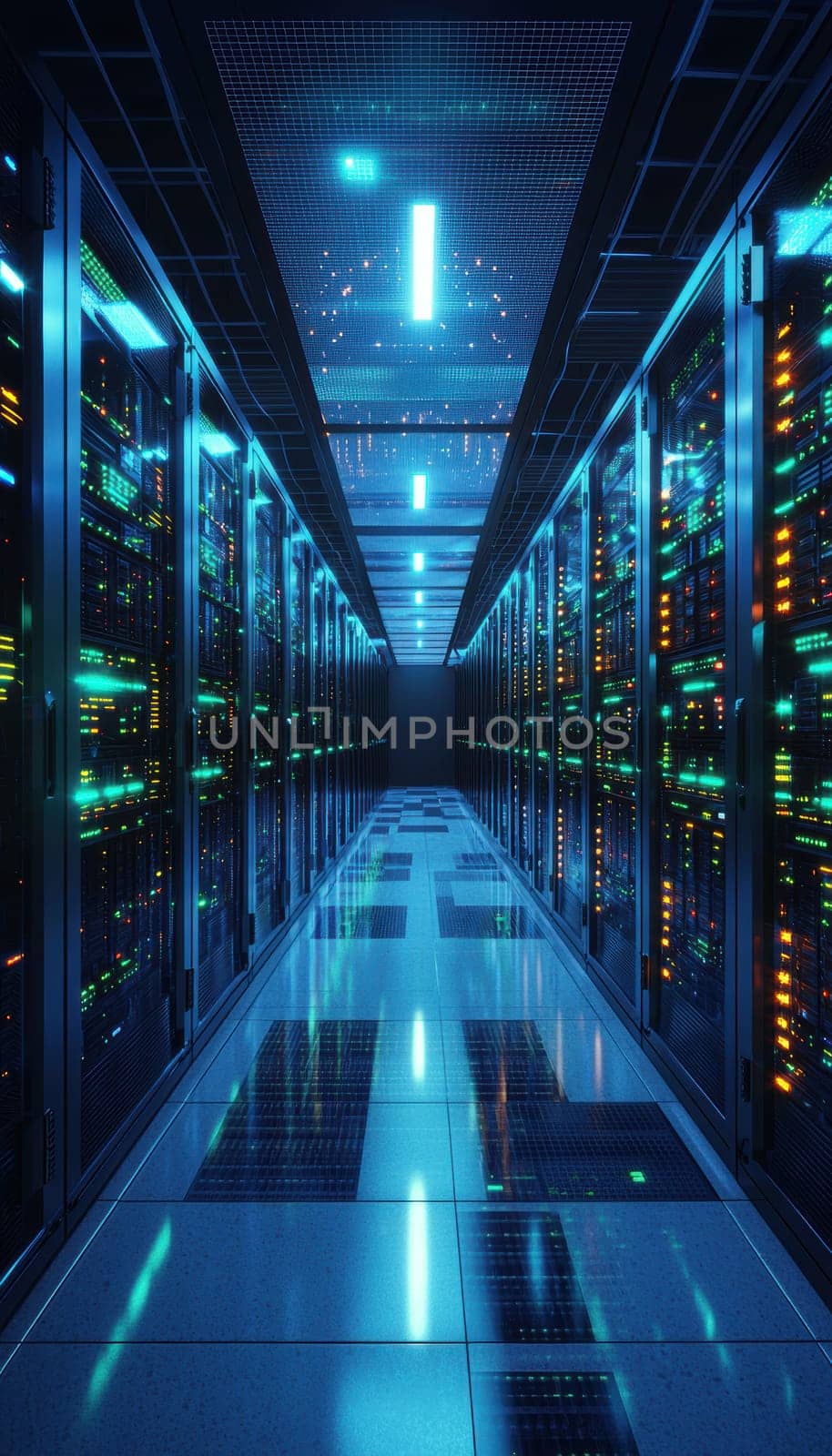 A high-angle view of a contemporary data center interior featuring endless rows of meticulously organized server racks. vibrant blue and green led lights illuminate the space, reflecting on the glossy floor, creating a high-tech atmosphere.