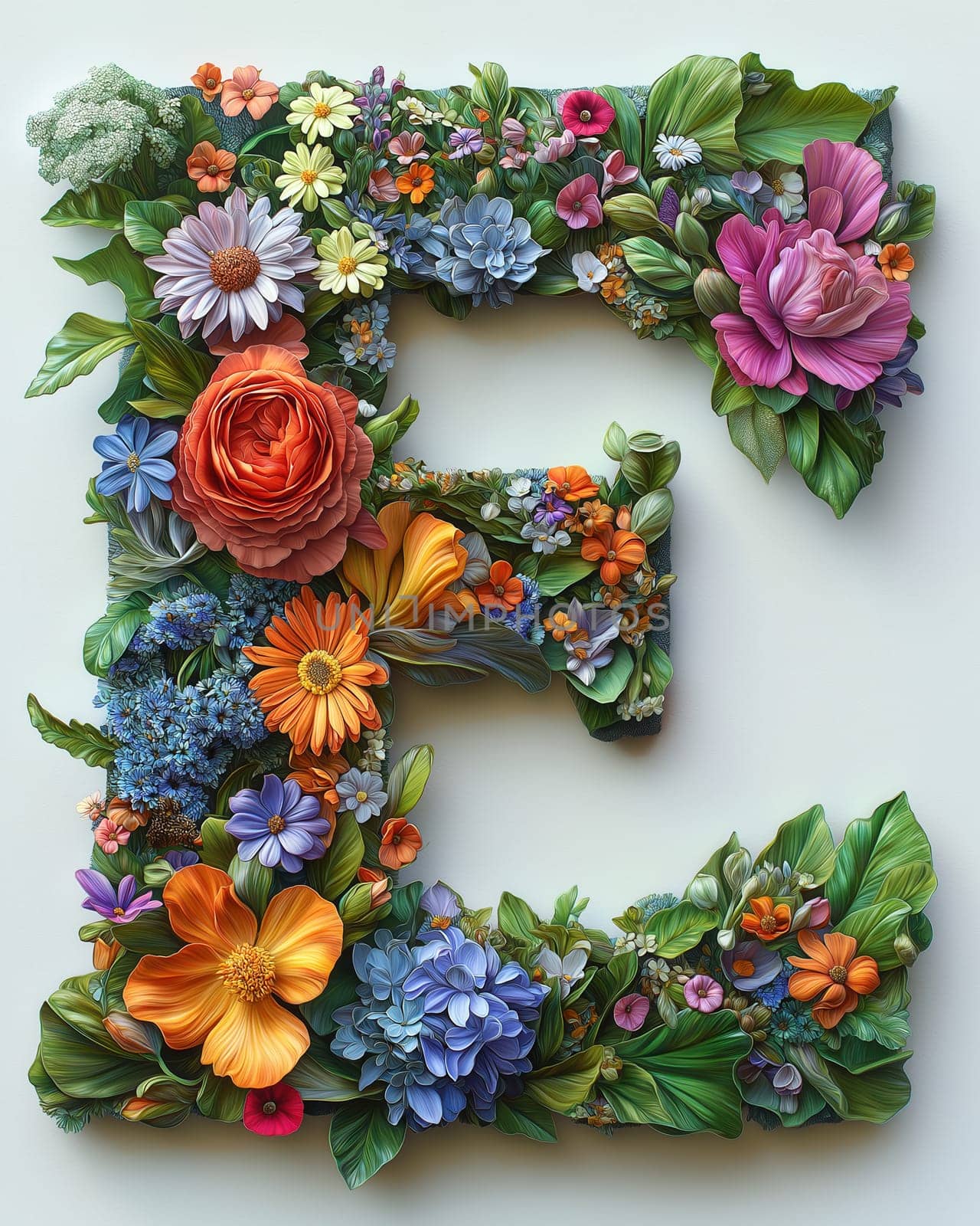 The letter E of colorful flowers on a white background. Selective focus.