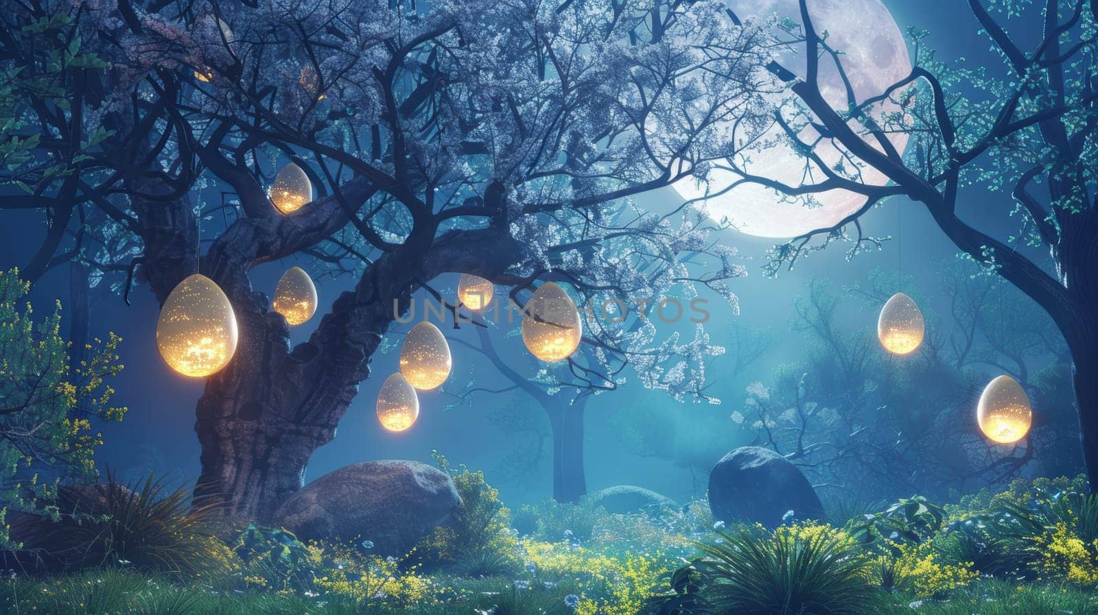 A magical fantasy forest comes alive with large, glowing easter eggs hanging from branches, softly illuminated by moonlight. the serene landscape, enhanced by blooming flora and gentle shadows, evokes a sense of wonder and enchantment.