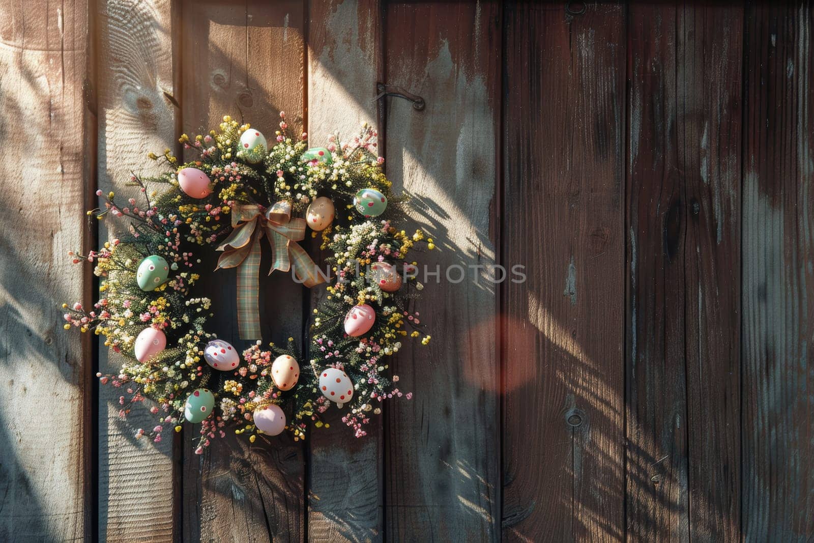 Easter wreath adorned with colorful eggs, ribbons, and small flowers, hanging on a rustic wooden door. sunlight casts gentle shadows, creating a warm and inviting atmosphere, perfect for spring decorations and festive celebrations.