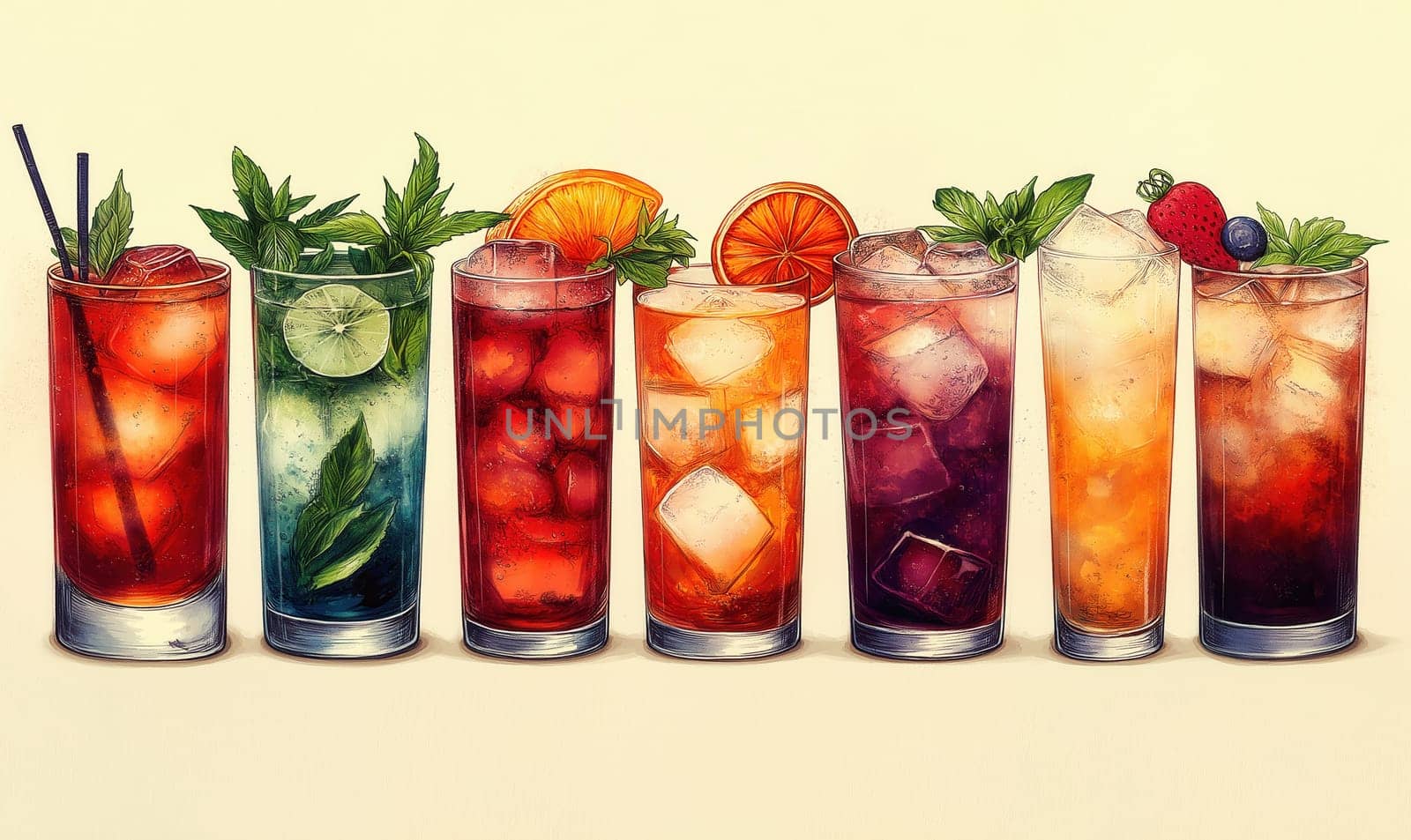 Illustration of fruit drinks on a light background. Selective focus.
