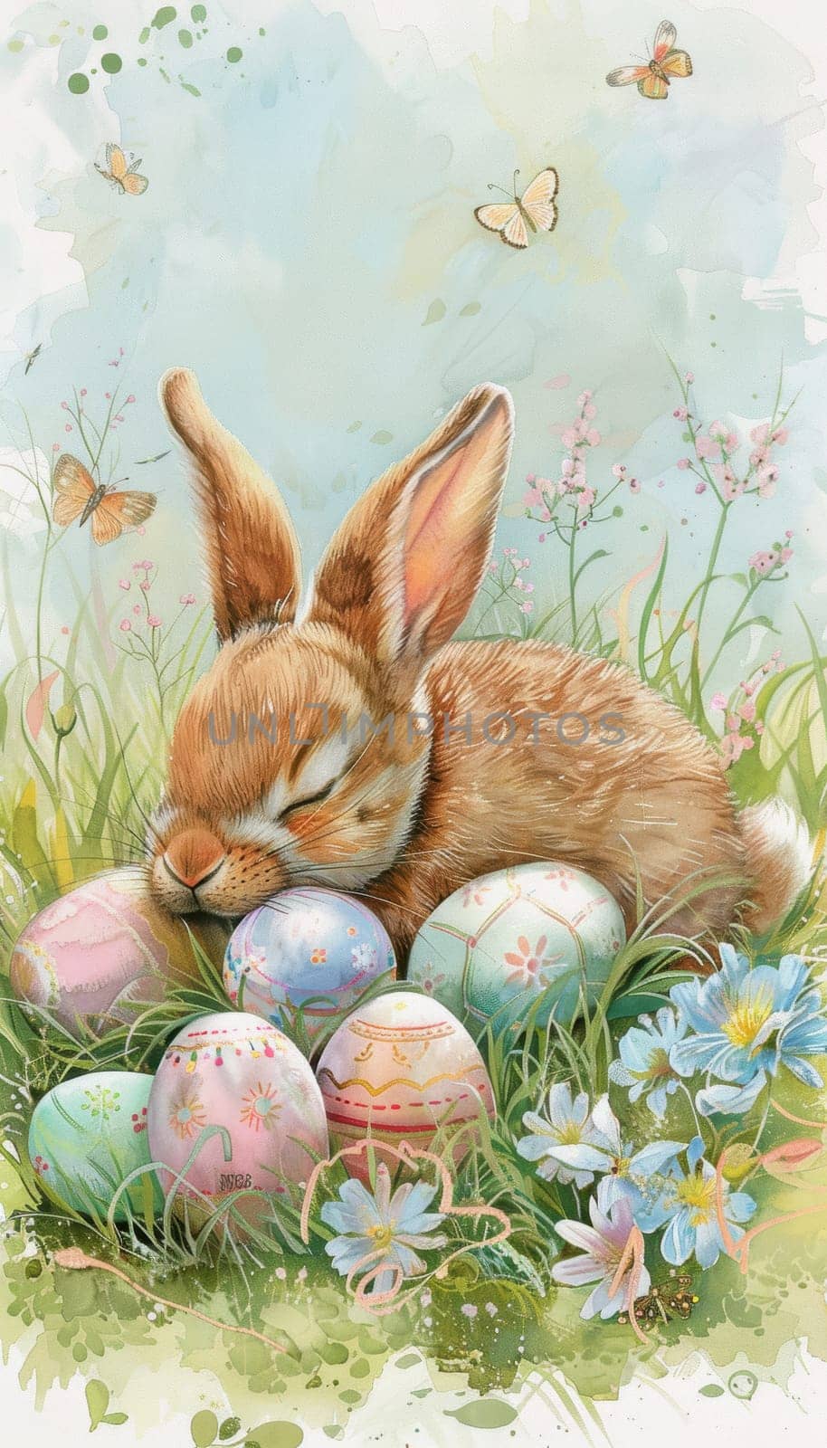 A serene hand-painted scene of a cute bunny peacefully sleeping next to a collection of beautifully decorated pastel easter eggs. surrounding the bunny are delicate spring flowers and butterflies, under a soft, dreamy sky, evoking a sense of tranquility.