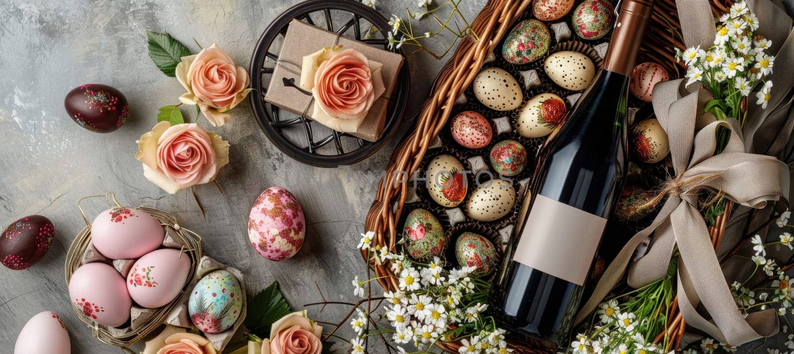 Luxurious easter gift set featuring artisanal chocolates and a bottle of fine wine arranged in a wicker basket. adorned with hand-painted eggs and satin ribbons, complemented by delicate flowers and roses for an elegant presentation.