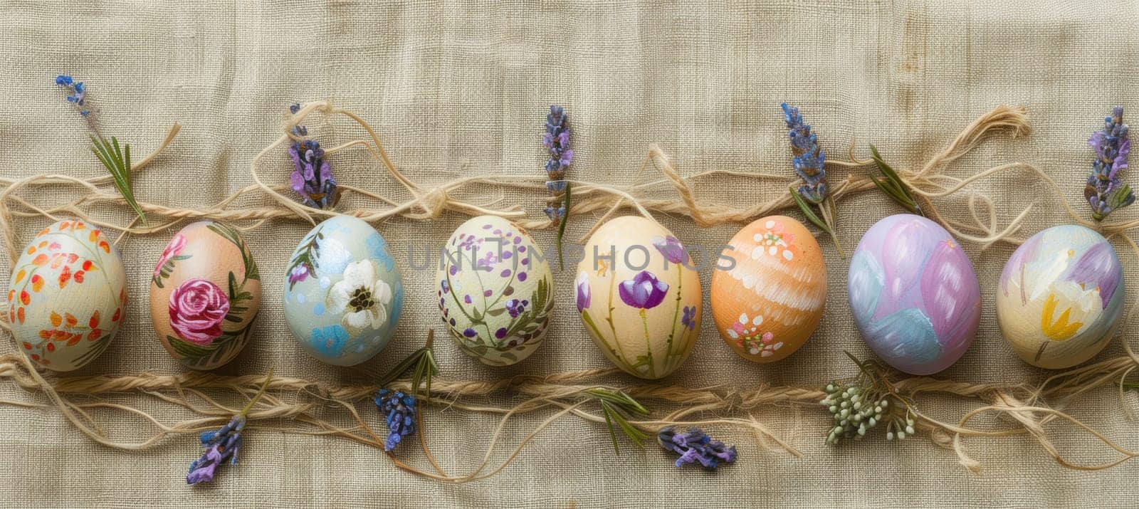 Hand-painted wooden easter eggs are artistically arranged on burlap cloth with sprigs of lavender and wildflowers, creating a rustic and natural ambiance. this banner design brings warmth and nature-inspired charm to holiday decor.