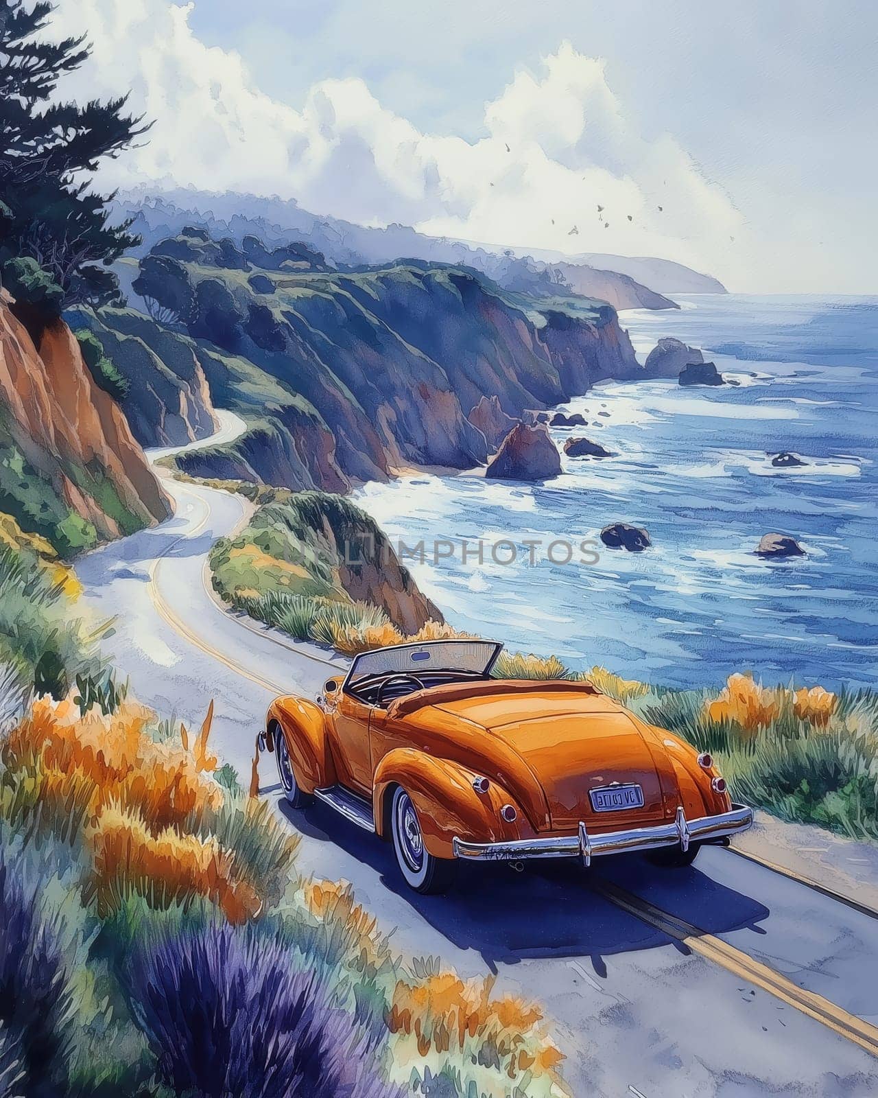 Watercolor of a vintage convertible driving along a winding road along the coast. Selective focus.