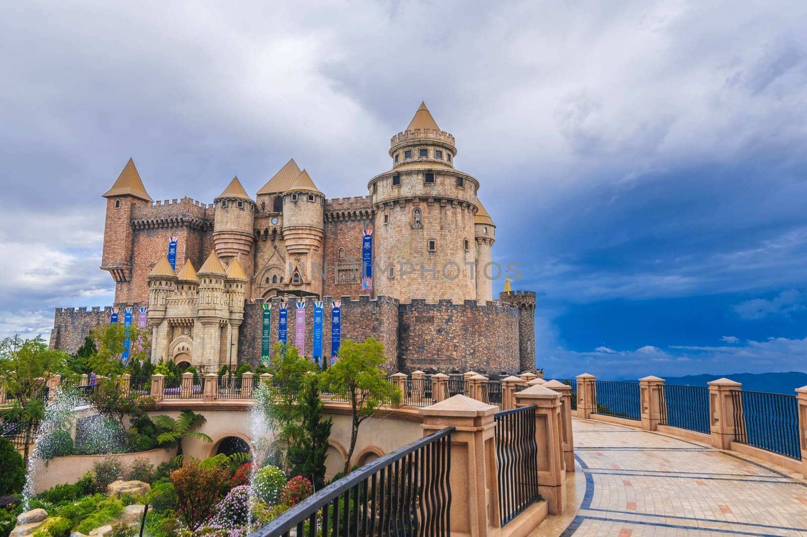 Modern medieval-style castle in the Ba Na Hills amusement park on a mountain in Da Nang. Da Nang, Vietnam - September 13, 2024