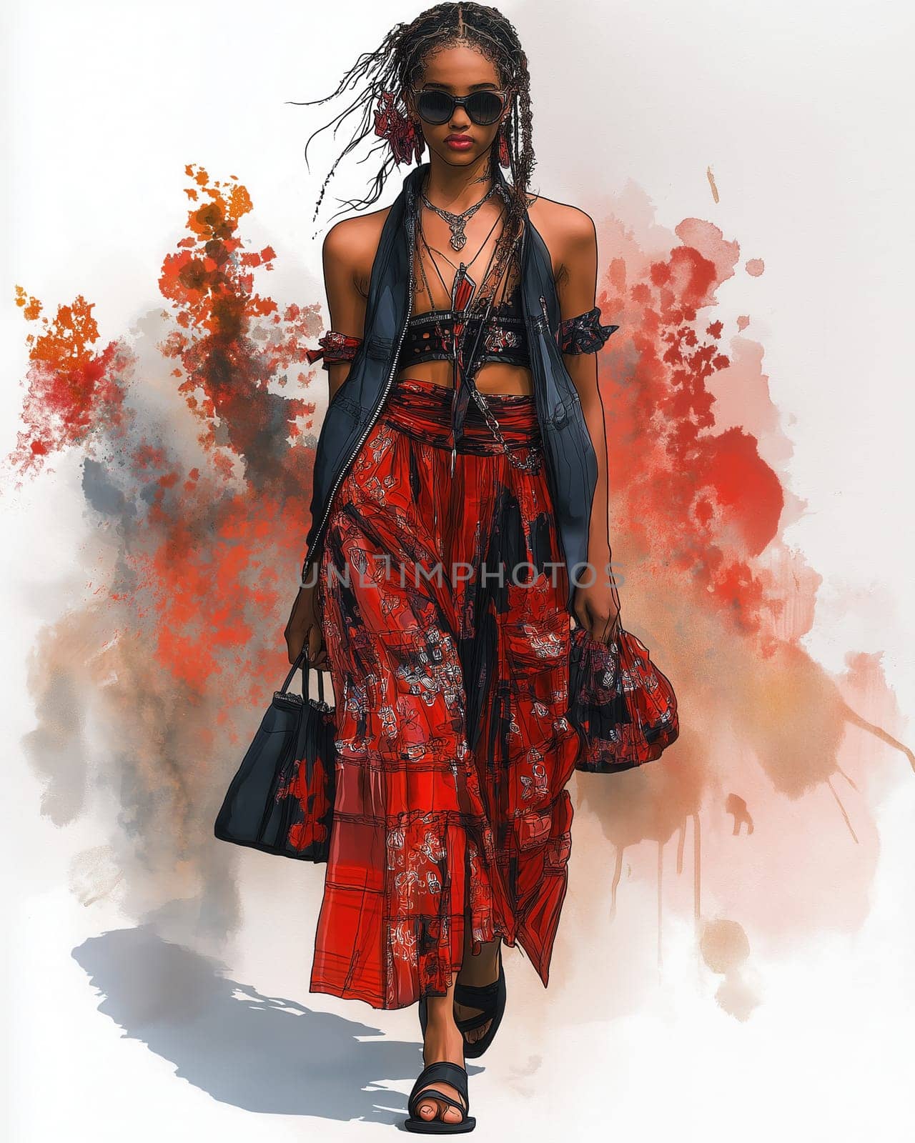 Watercolor illustration of a young woman in elegant clothing. Selective focus.