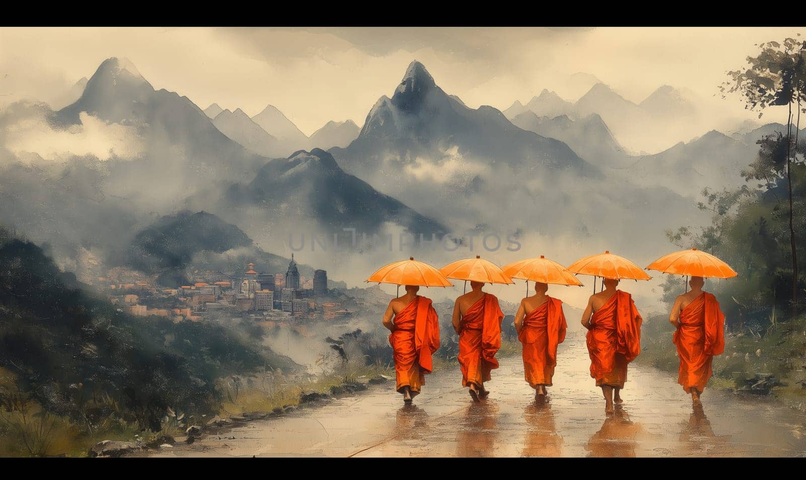 A painting of monks with umbrellas walking down the street. Selective focus.