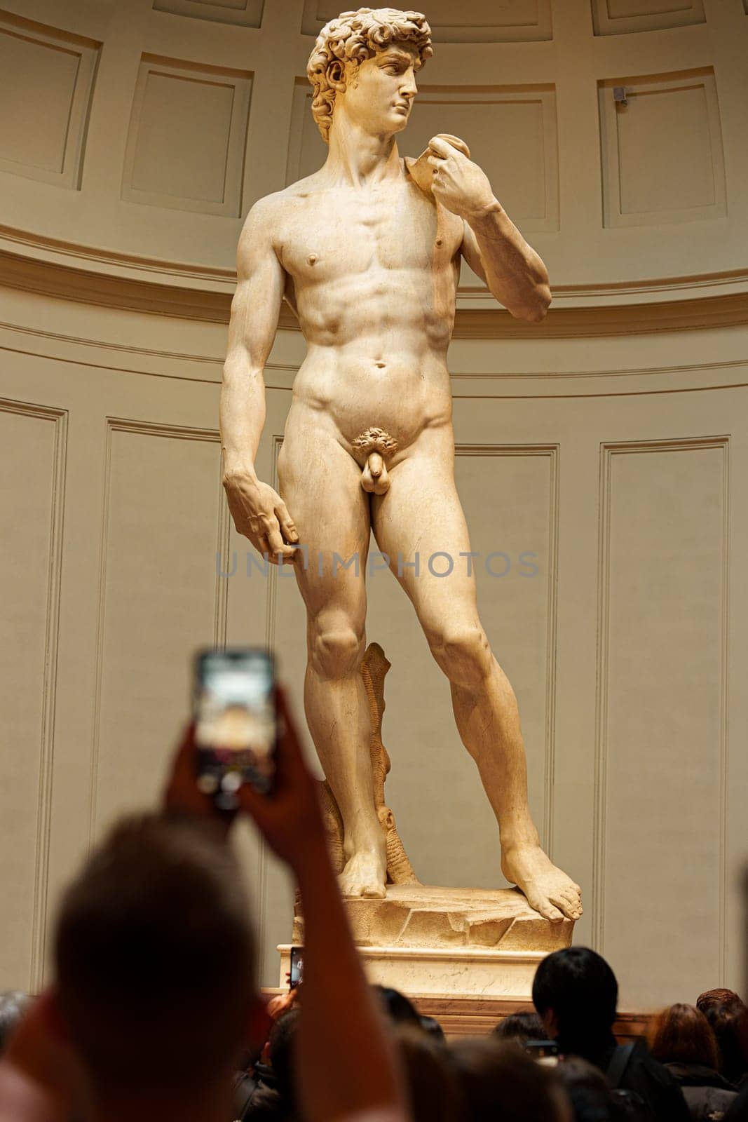 Florence, Italy, January 5, 2024: Tourist taking a photo of Michelangelo's David. Accademia Gallery. Florence