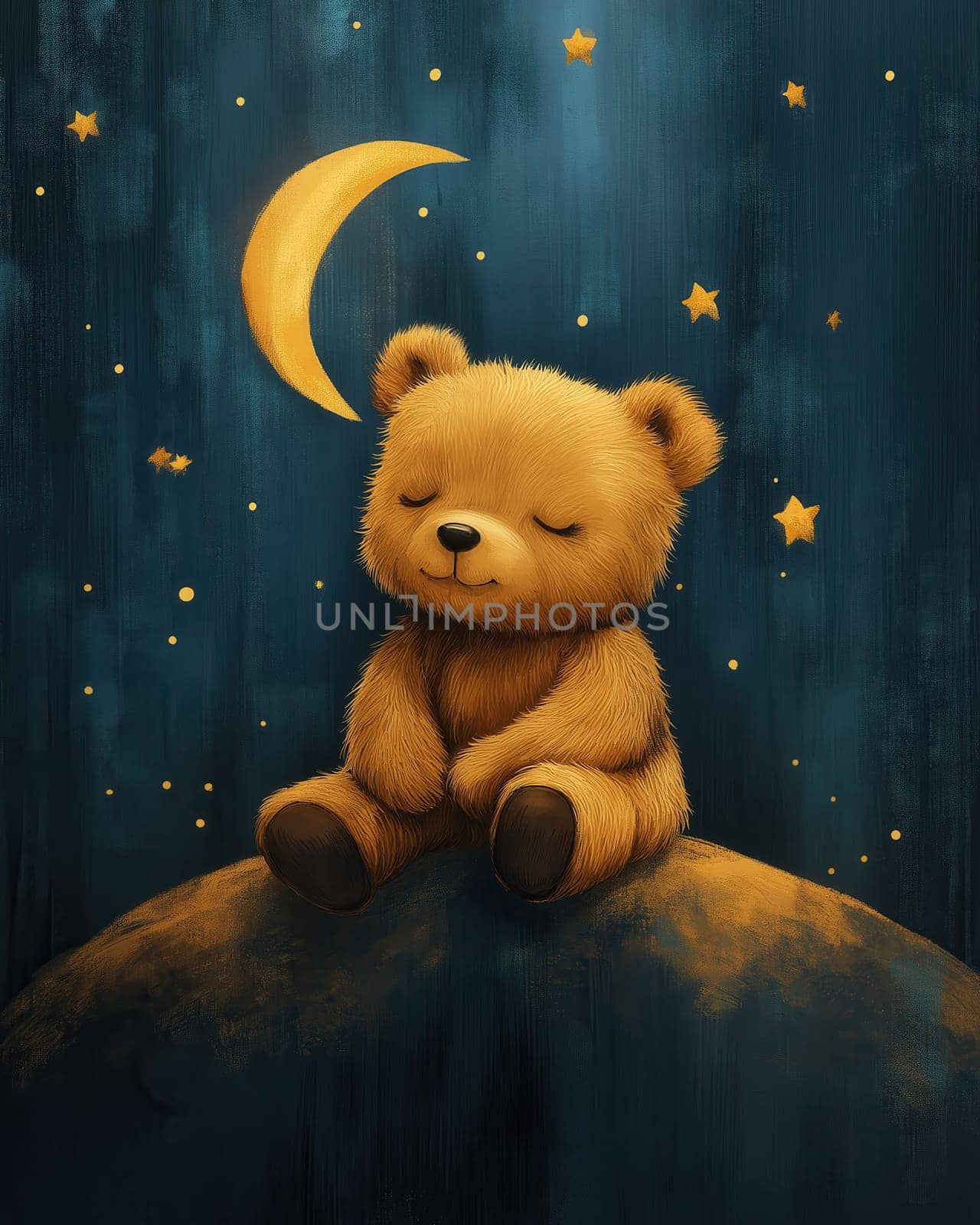 Sleeping cartoon bear against a starry background. Selective focus.