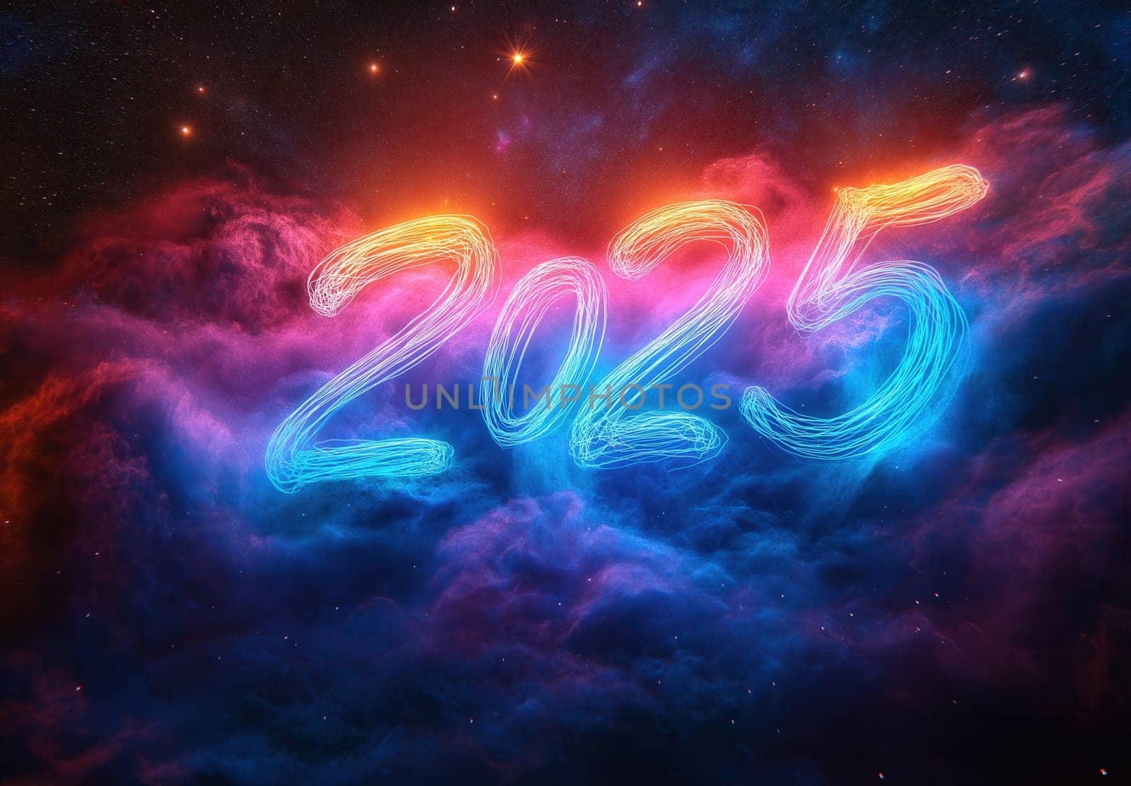 The text 2025 on an abstract dark background. Selective focus.