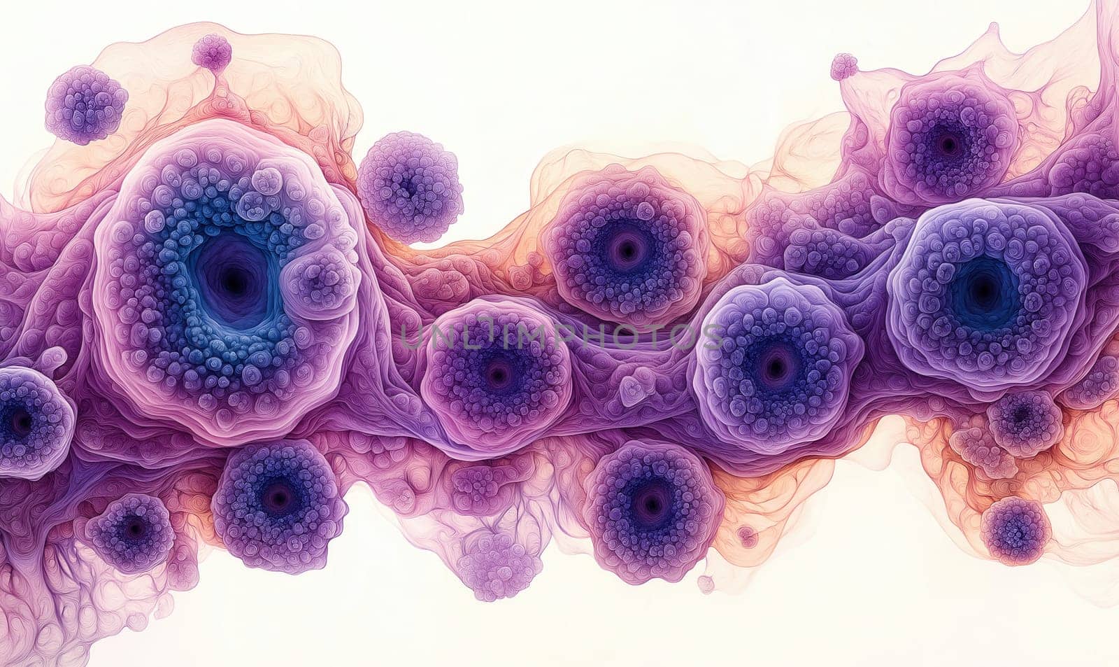 Watercolor background, various cells showcasing intricate details. Selective focus.