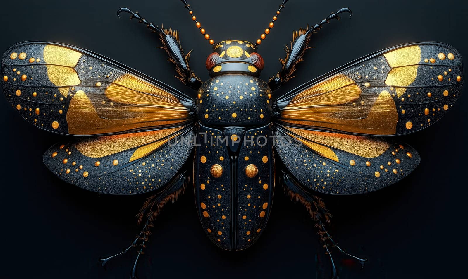 Brooch beetle with wings on a black background. Selective focus.