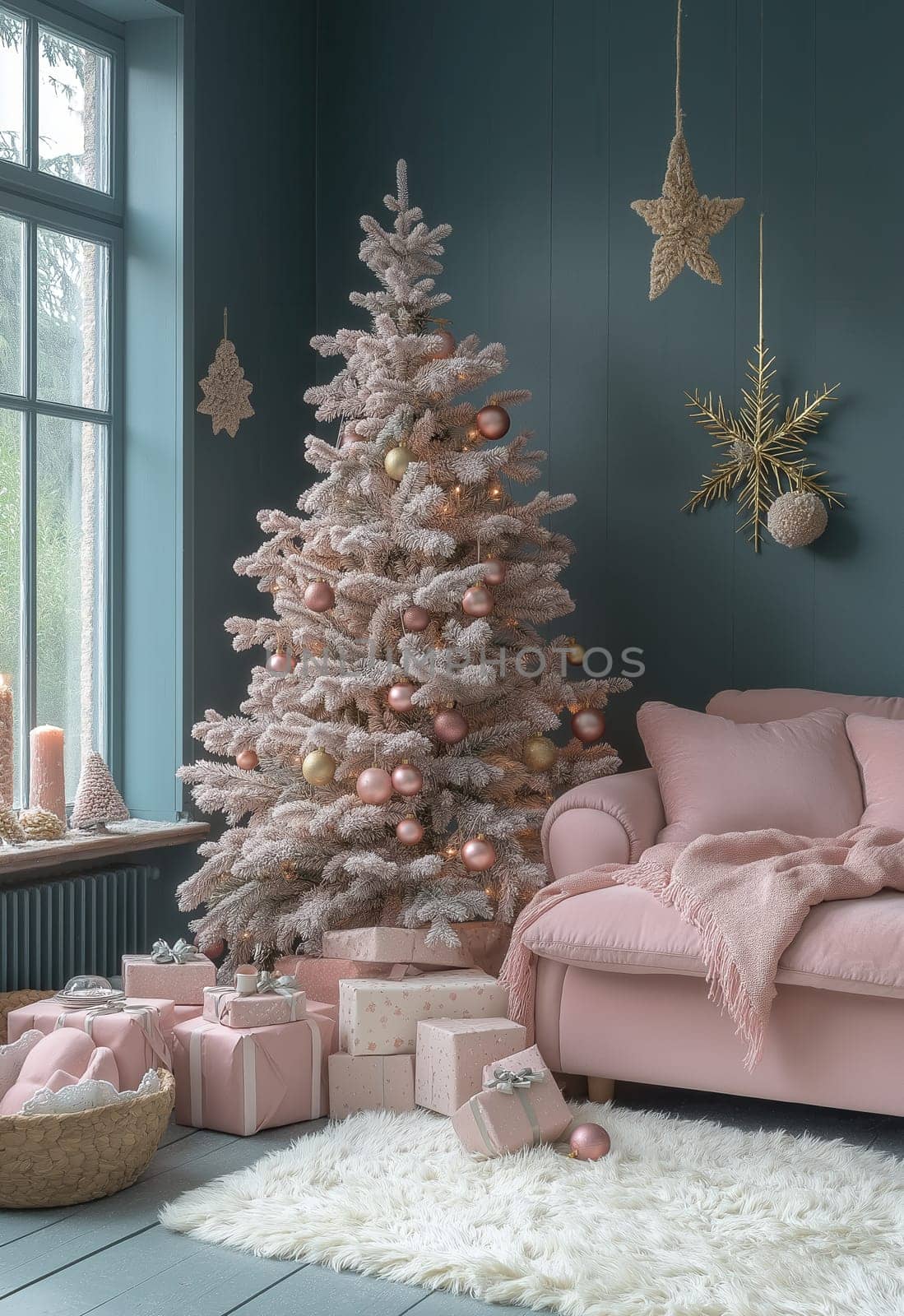 Christmas card in pastel pink. Selective focus.
