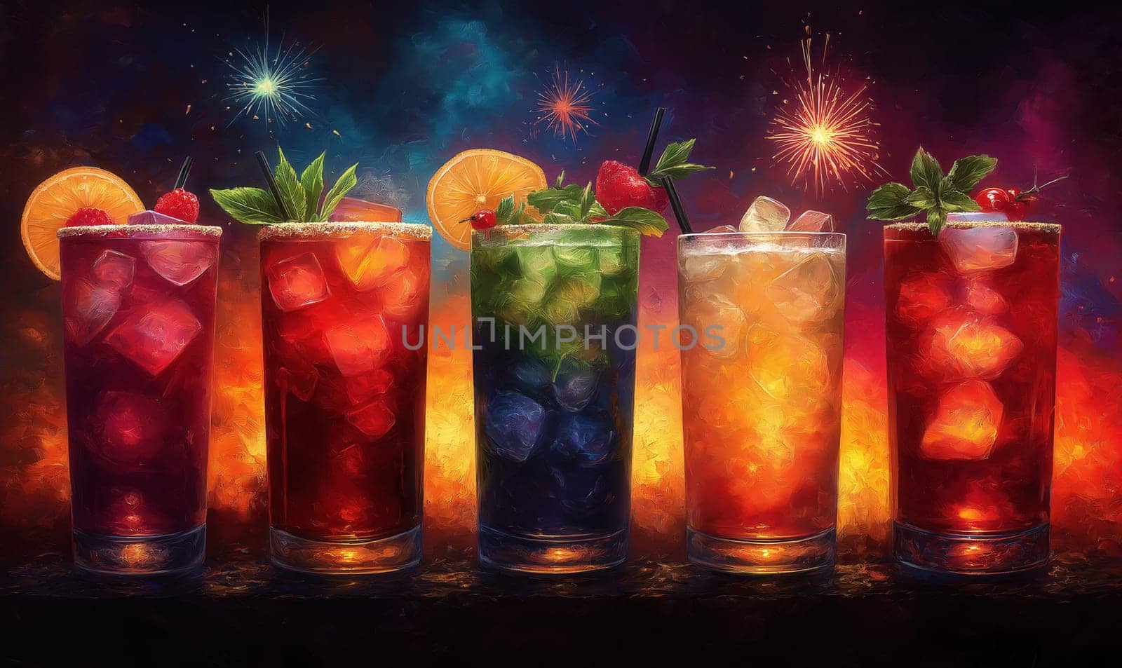 Illustration of cocktails with fireworks in the background. Selective focus.