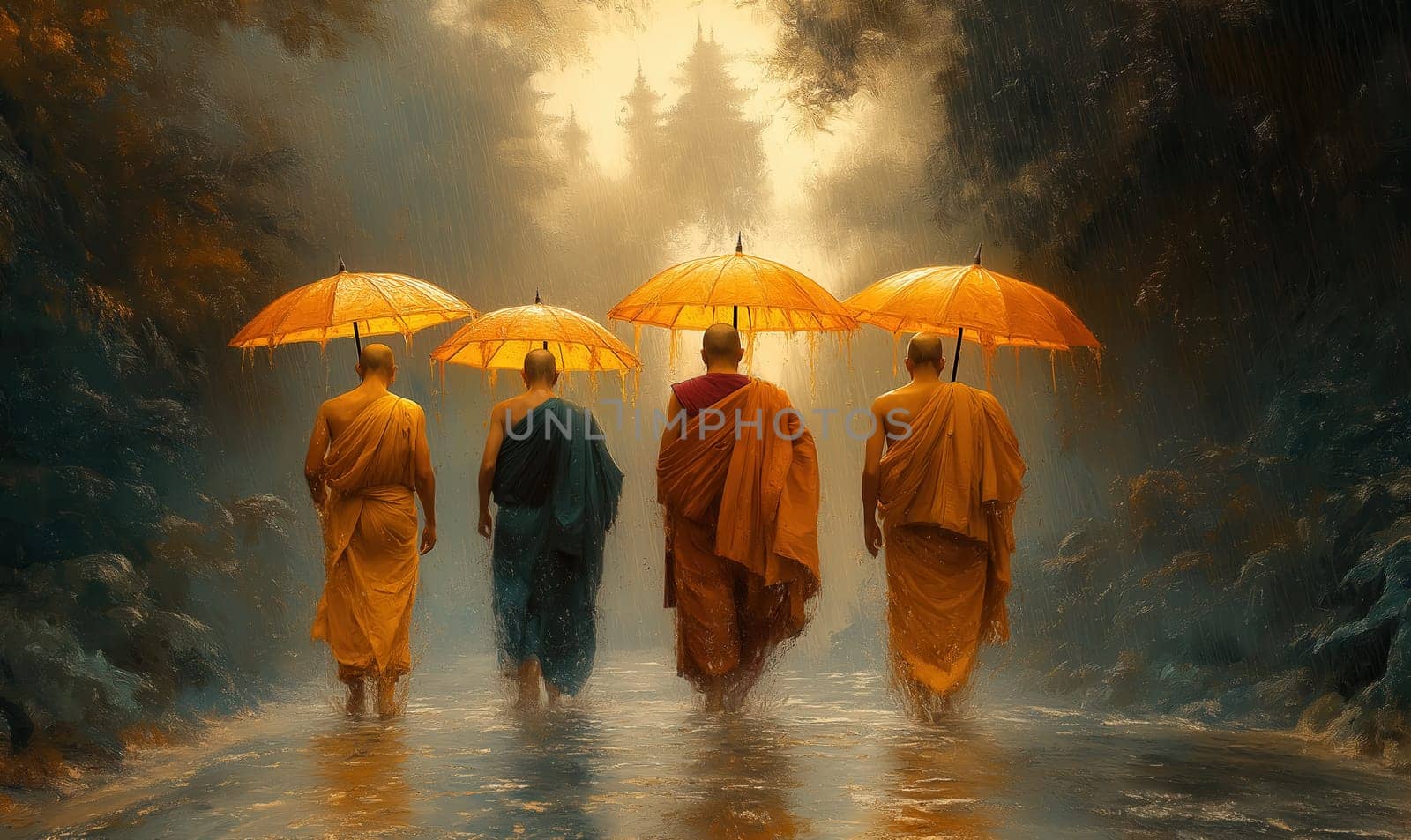 A painting of monks with umbrellas walking down the street. Selective focus.
