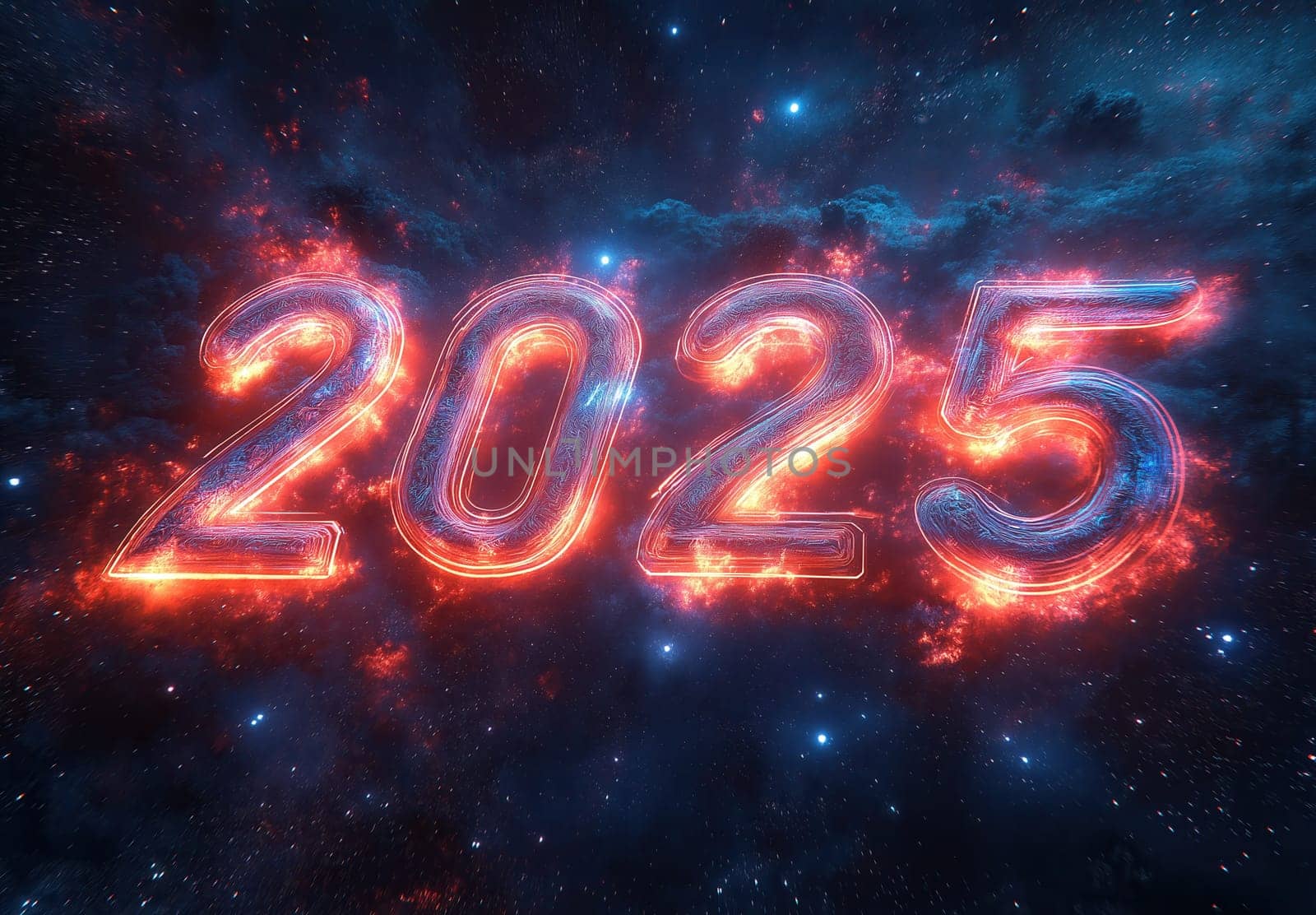 The text 2025 on an abstract dark background. Selective focus.