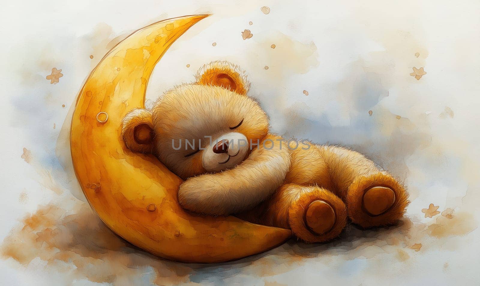 A cartoon bear sleeping on the moon against a light background. Selective focus.