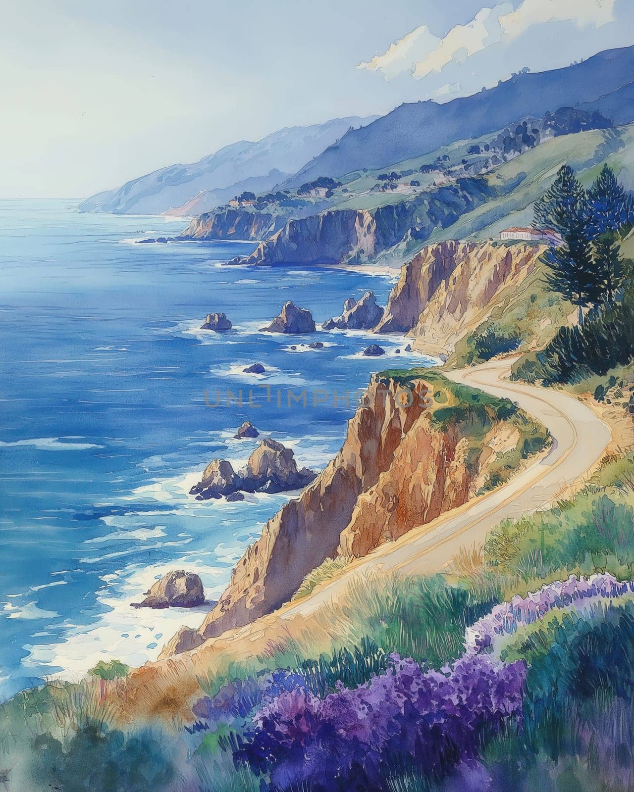 Watercolor of a vintage convertible driving along a winding road along the coast. Selective focus.