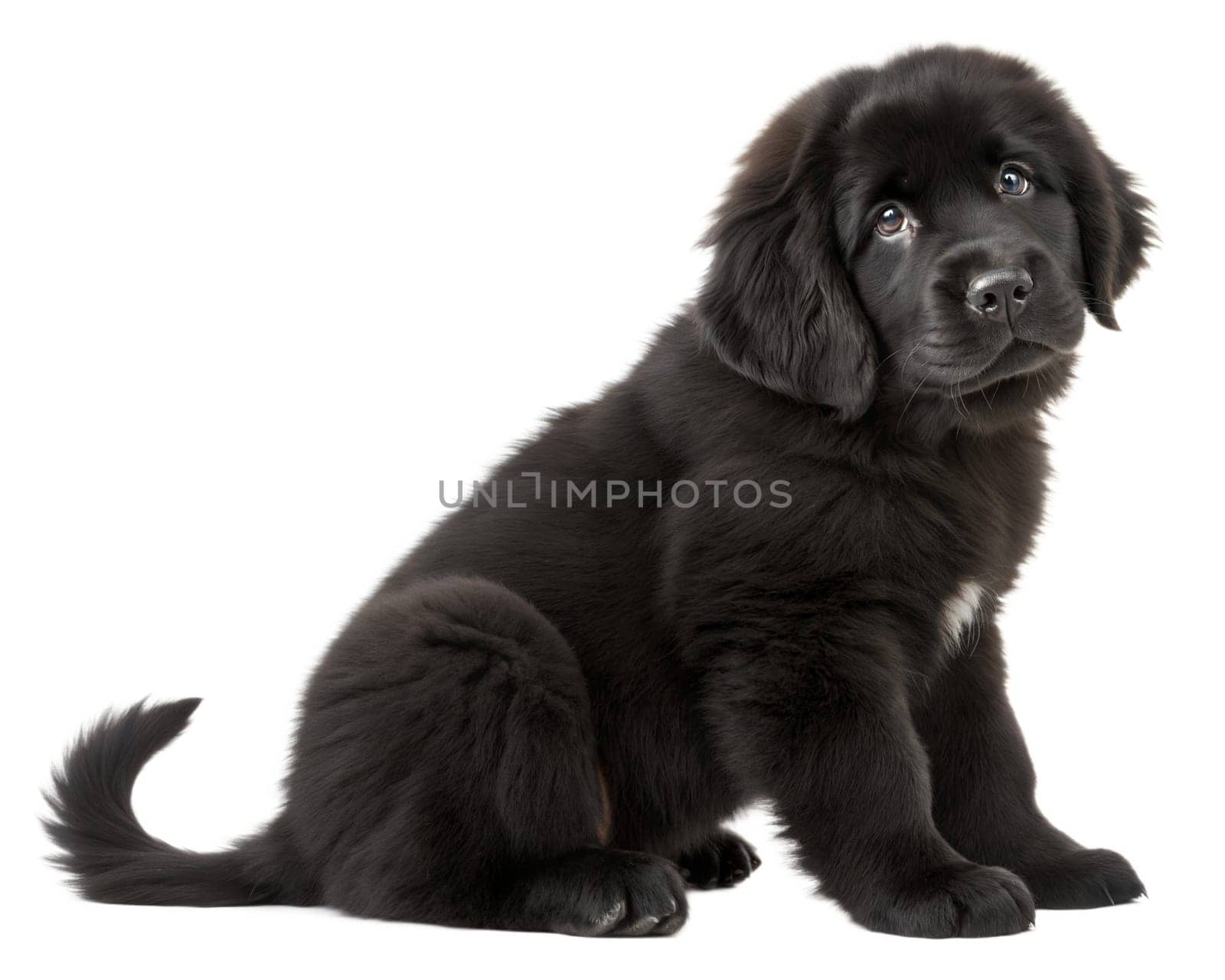 Sitting puppy of black Newfoundland dog isolated on white background . Ai generated image
