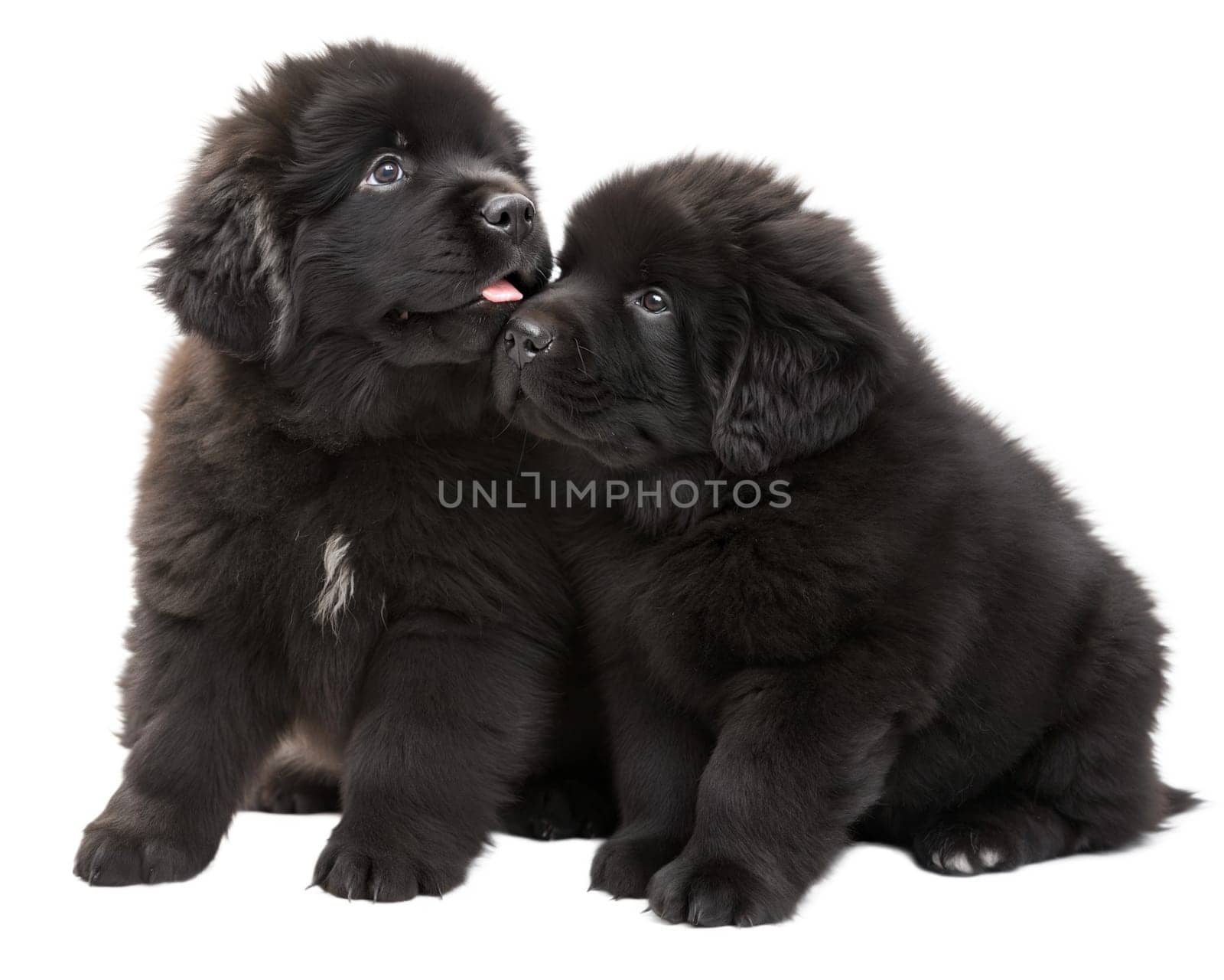 Sitting puppies of black Newfoundland dog isolated on white background. Two puppies of Newfoundland . Ai generated image