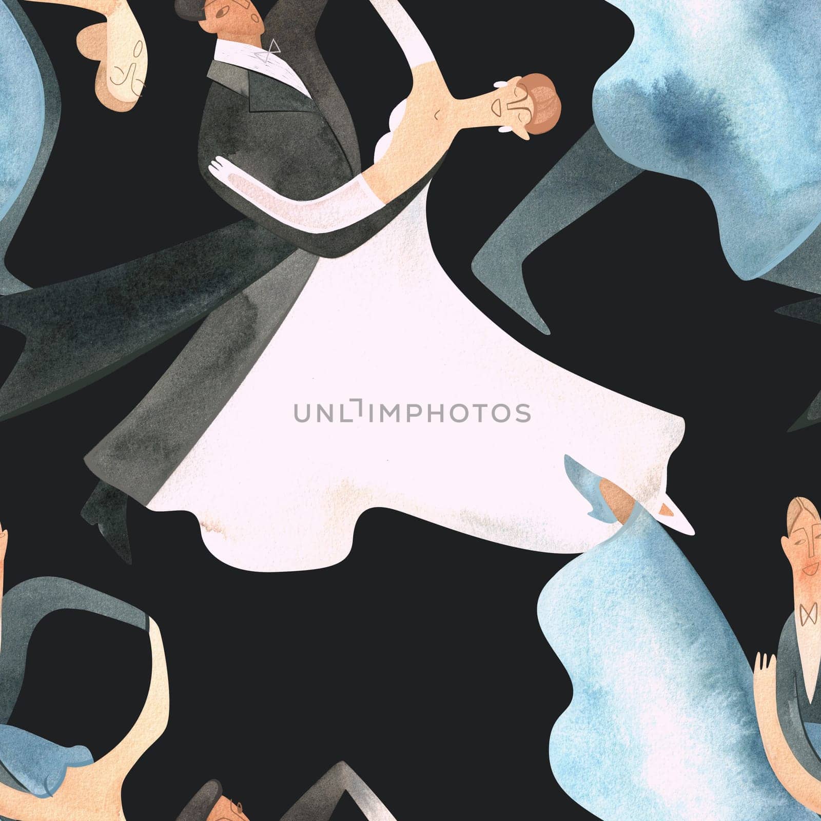 Ballroom dancing, standard. Adult couples on the parquet. Isolated watercolor illustration. Seamless pattern. Black background.