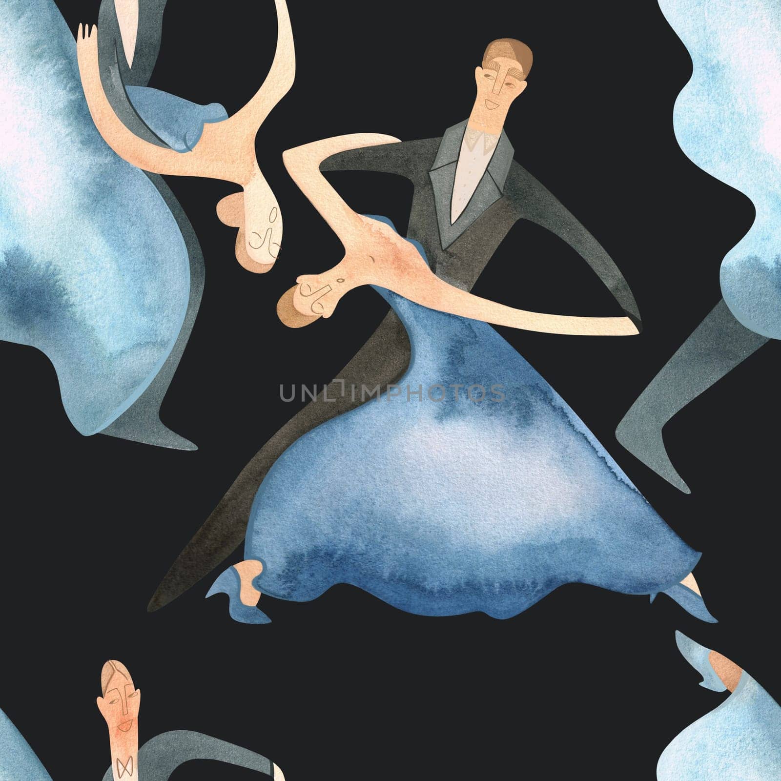 Ballroom dancing, standard. Adult couples on the parquet. Isolated watercolor illustration. Seamless pattern. Black background.