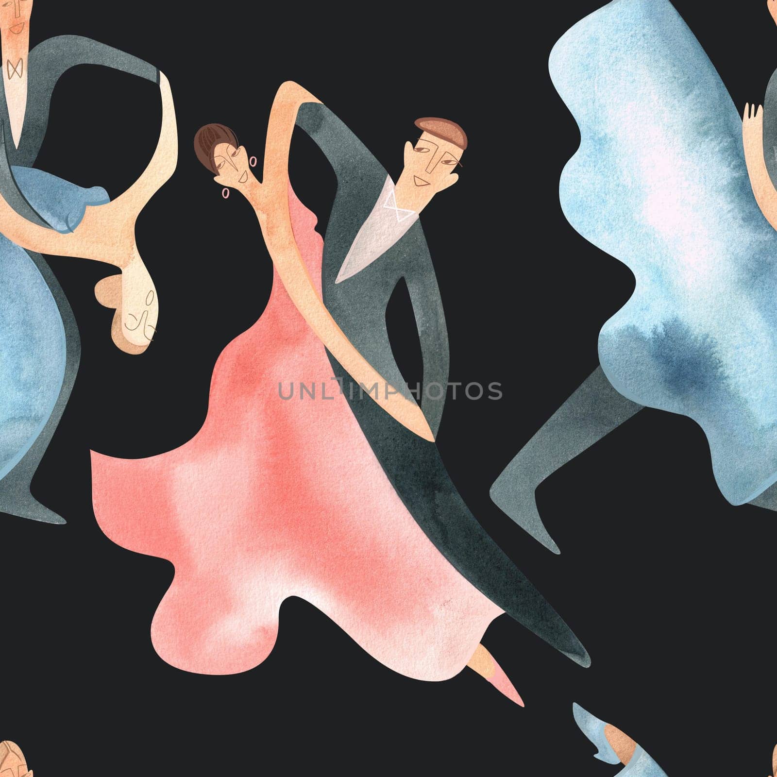 Ballroom dancing, standard. Adult couples on the parquet. Isolated watercolor illustration. Seamless pattern. Black background.