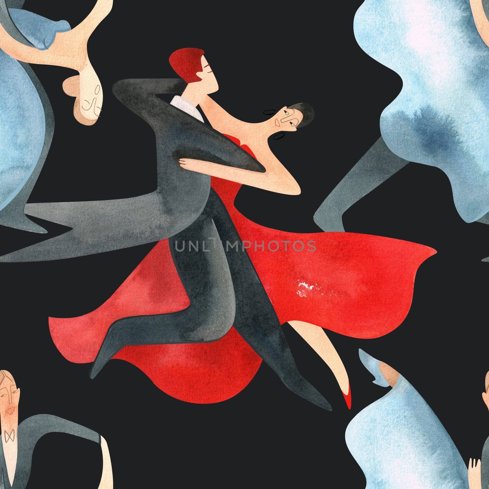 Ballroom dancing, standard. Adult couples on the parquet. Isolated watercolor illustration. Seamless pattern. Black background.
