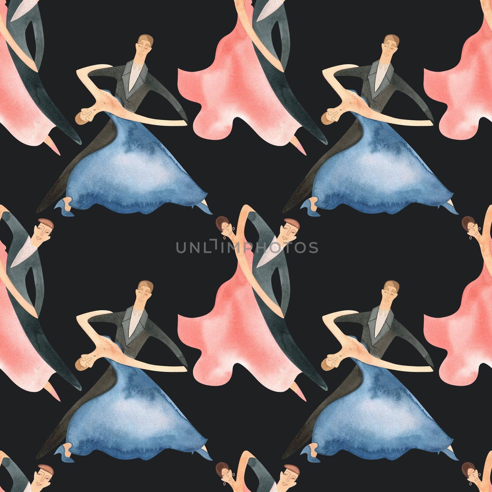 Ballroom dancing, standard. Adult couples on the parquet. Isolated watercolor illustration. Seamless pattern. Black background.
