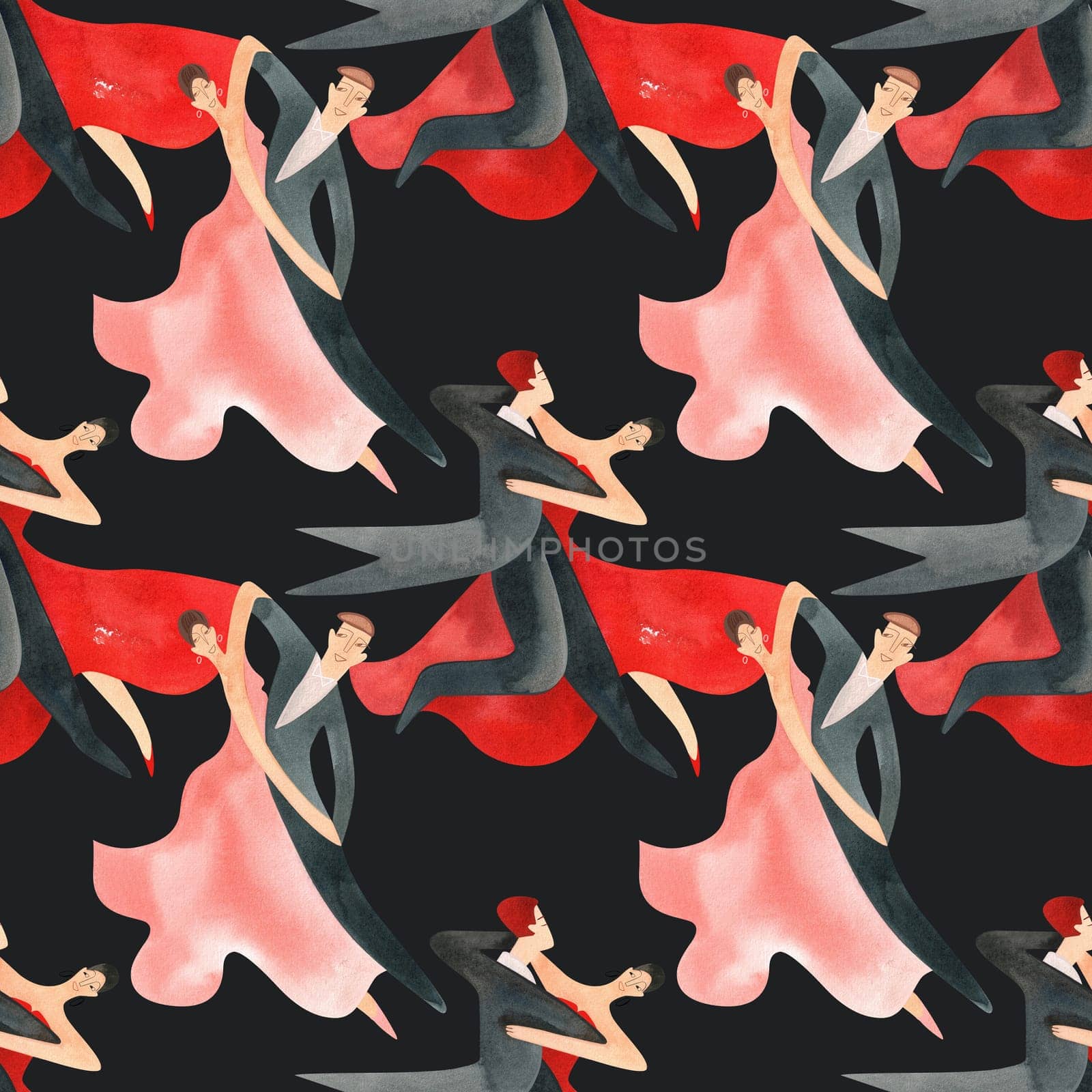 Ballroom dancing, standard. Adult couples on the parquet. Isolated watercolor illustration. Seamless pattern. Black background.