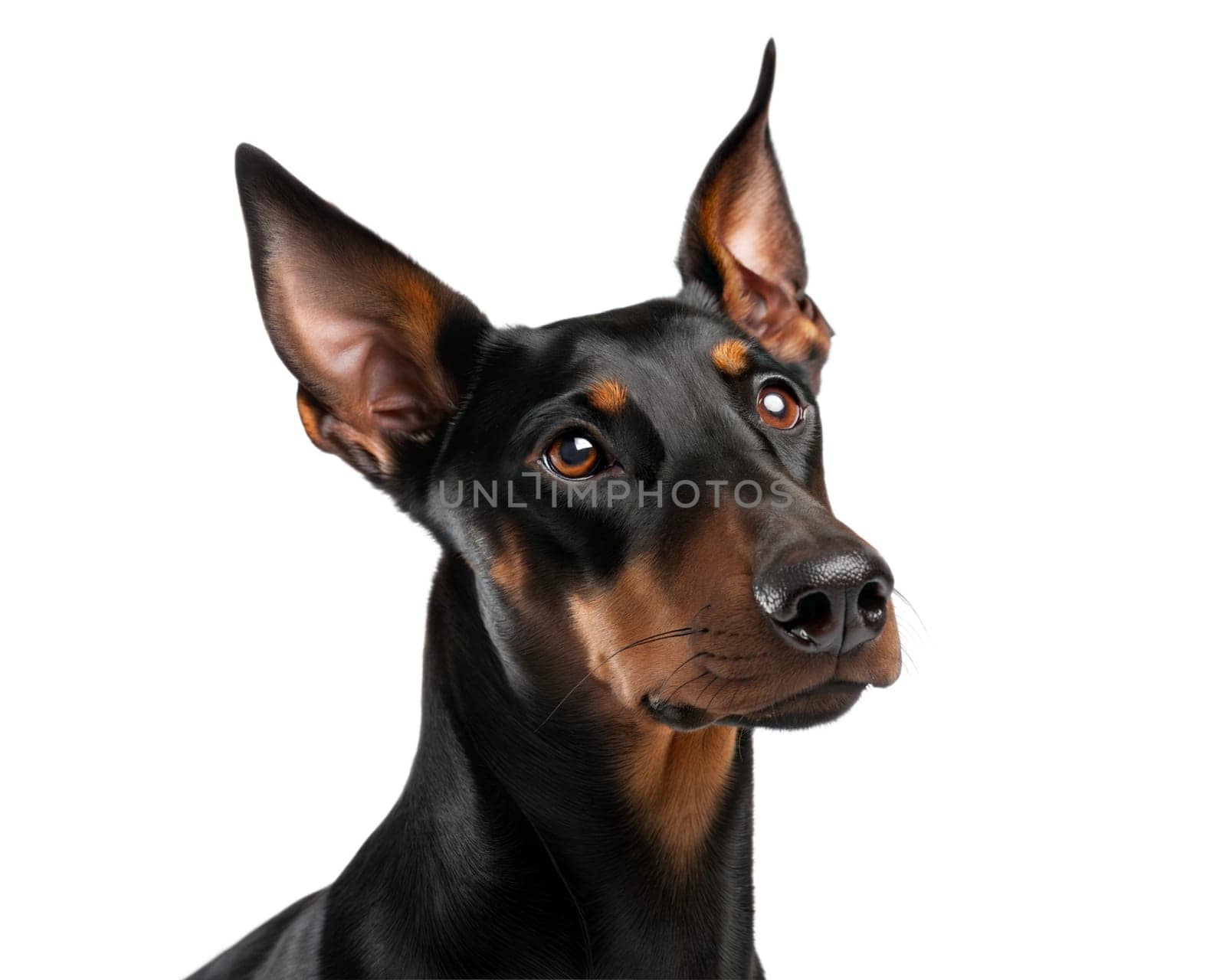 Doberman pincher portrait, isolated on white background. Doberman pincher headshot. Ai generated image