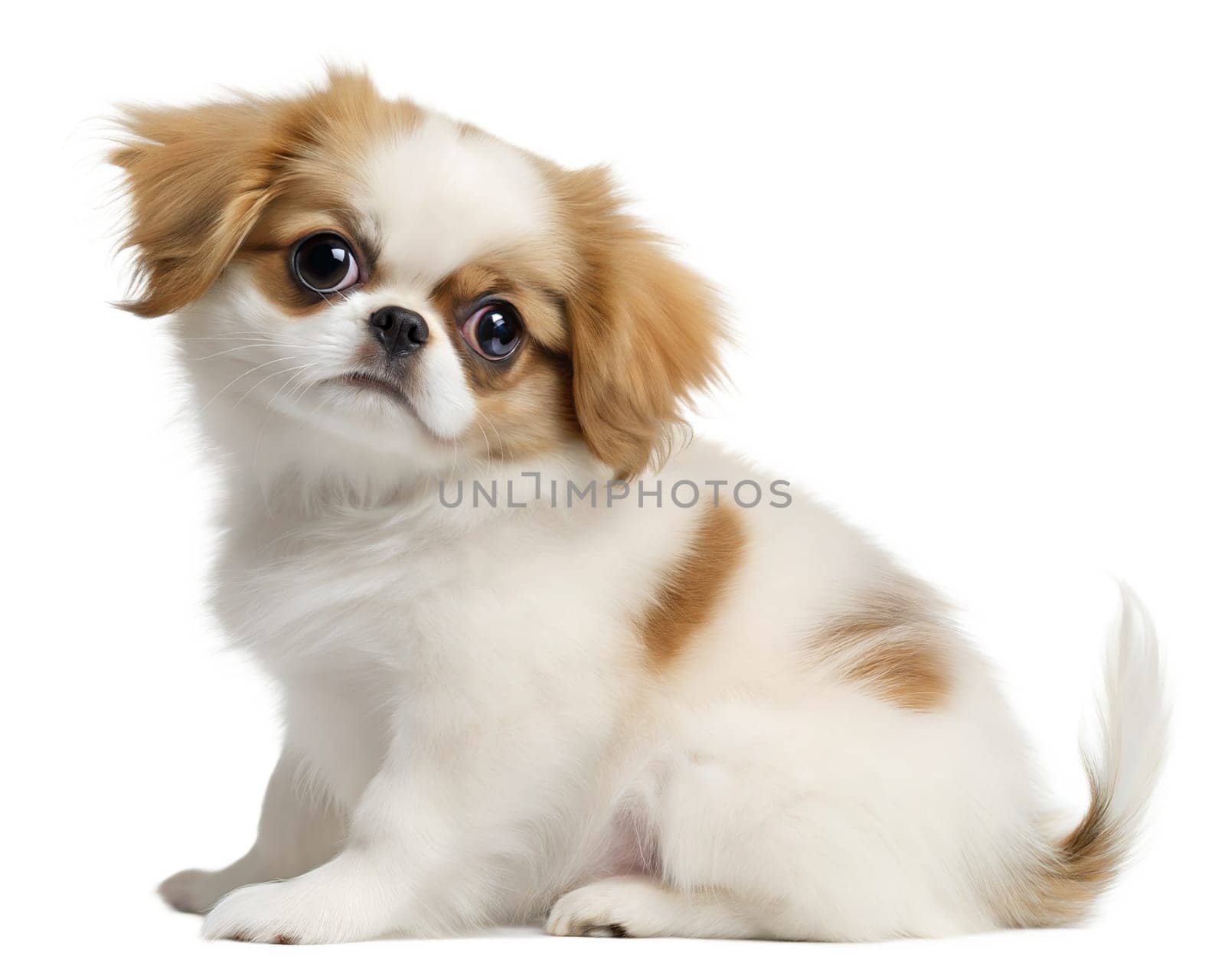 Japanese Chin puppy isolated on white background. Japanese Chin puppy sitting and looking at camera on white. Ai generated image