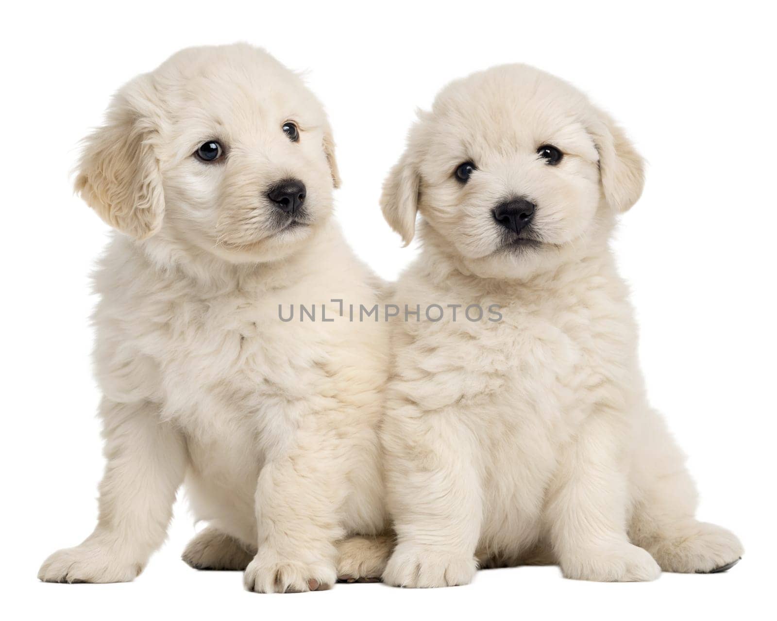Komondor (Hungarian sheepdog) puppies isolated on white background. Komondor puppies sitting and looking at camera on white. Ai generated image