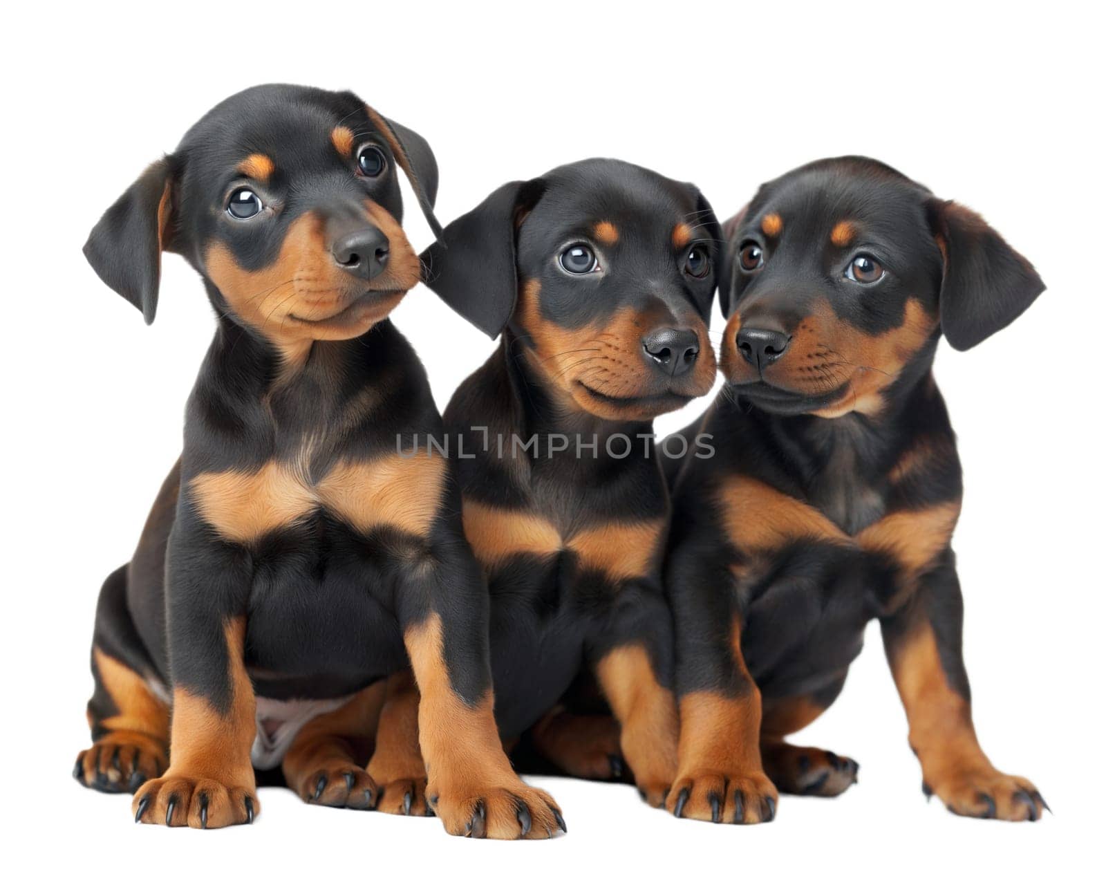 Doberman puppies sitting on white background. Three Doberman Pinscher puppies isolated on white background. . Cute black puppies. Pedigree dog. Doberman. High quality photo