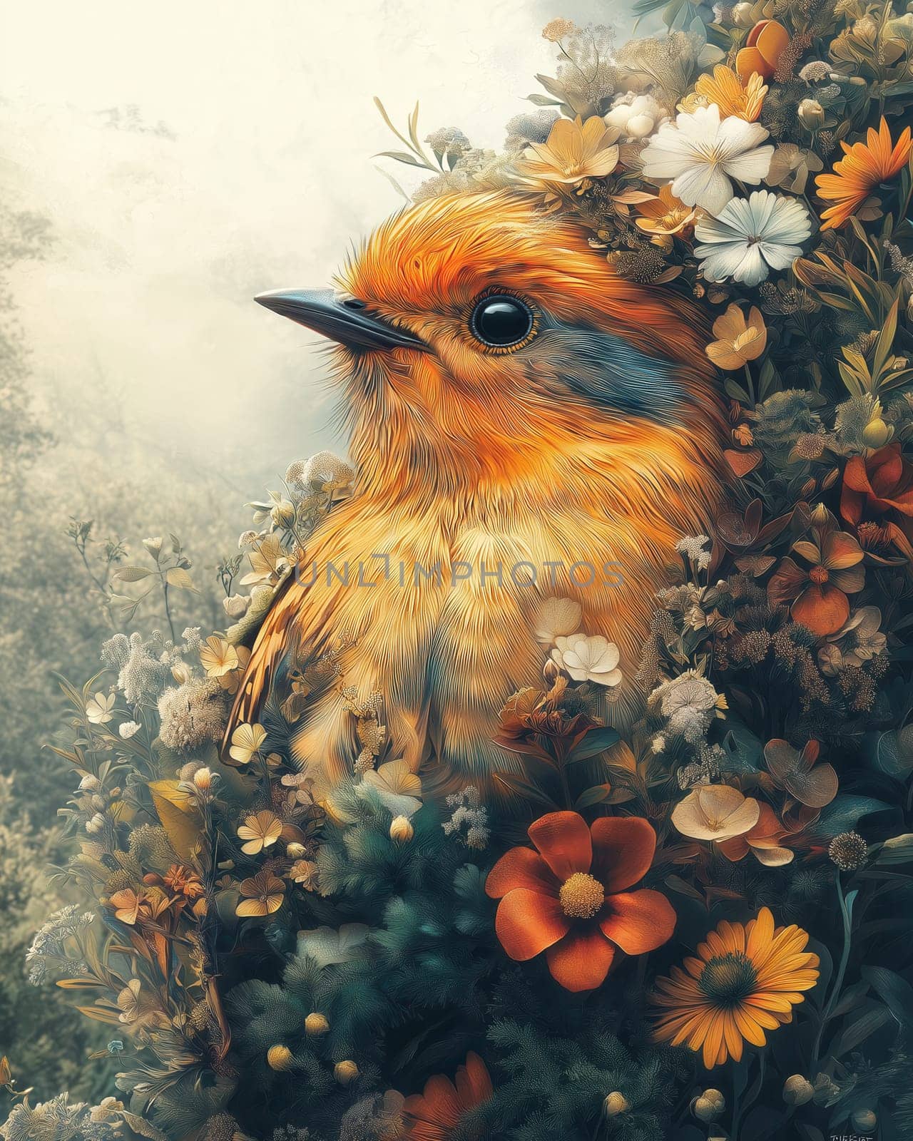 A bird among flowers in a quiet garden. Selective focus.