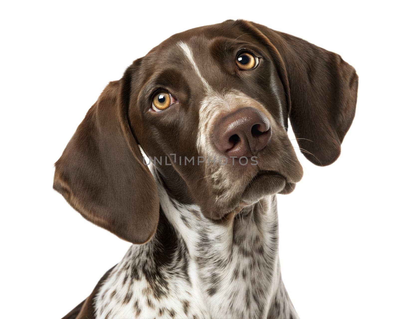 German Shorthaired Pointer portrait looking at camera isolated on white background. Kurzhaar dog headshot on white. Ai generated image