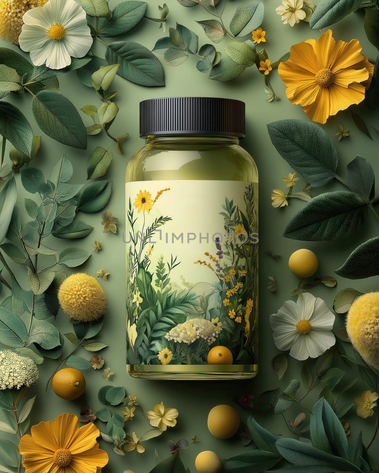 A jar of herbal mix amidst a variety of flora against a green background. Selective focus.