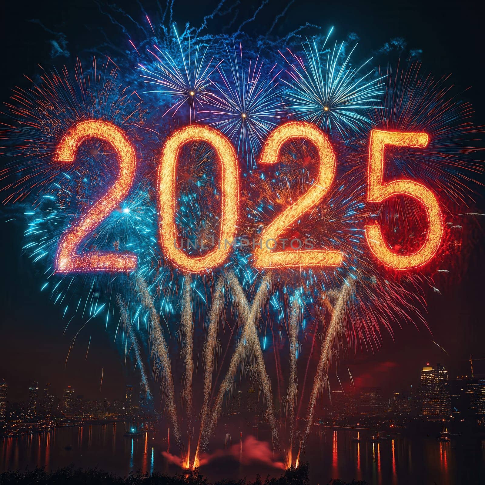 The text 2025 on an abstract dark background. Selective focus.