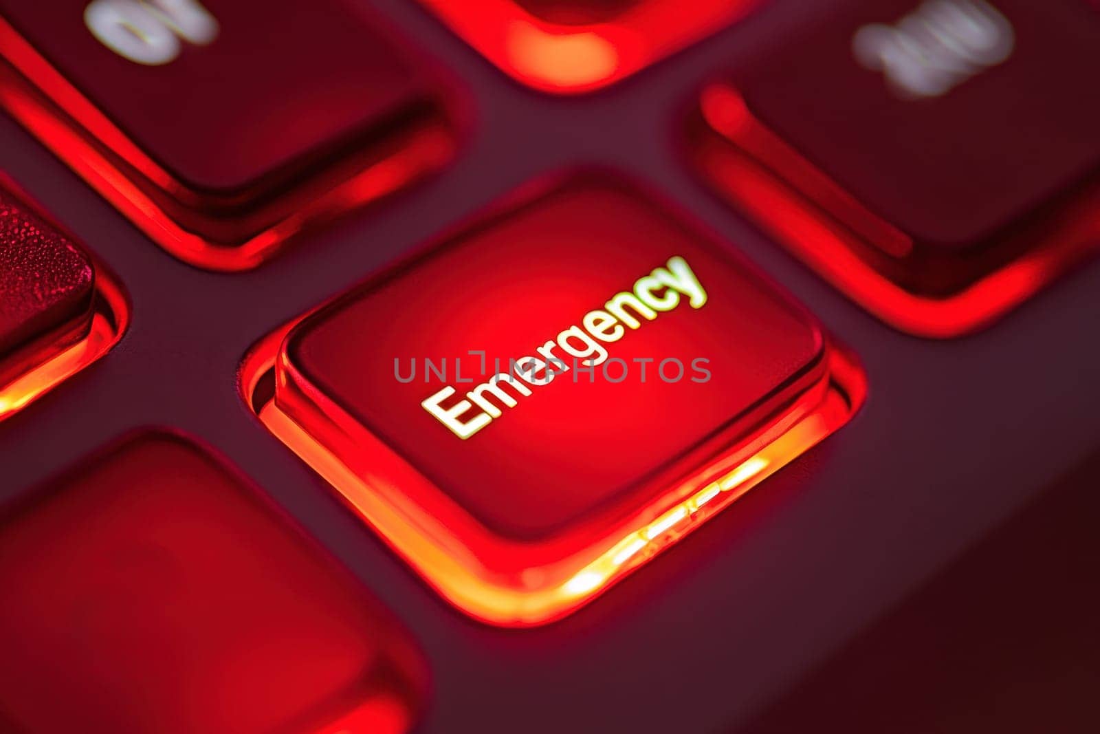 Concept of computer keyboard key with the glowing red word Emergency on it ready to press enter..