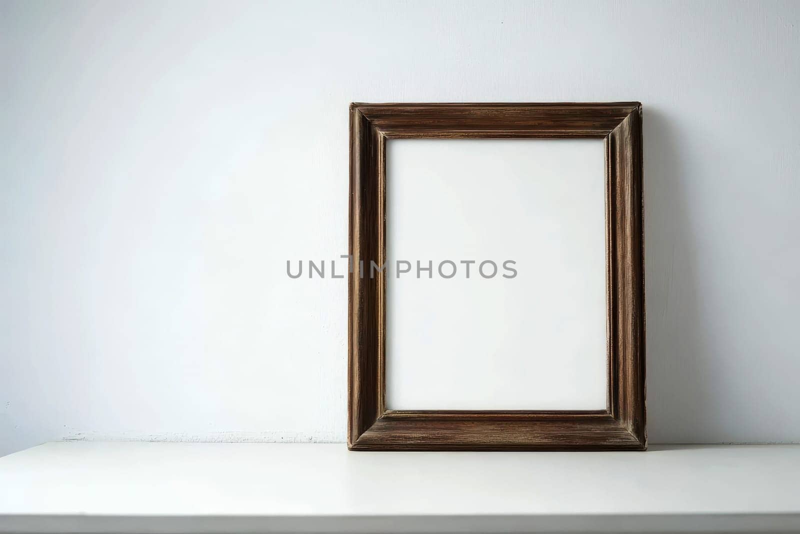 a mockup of a blank wooden picture frame on a wooden floor leaning against a white wall - art mock-up template.
