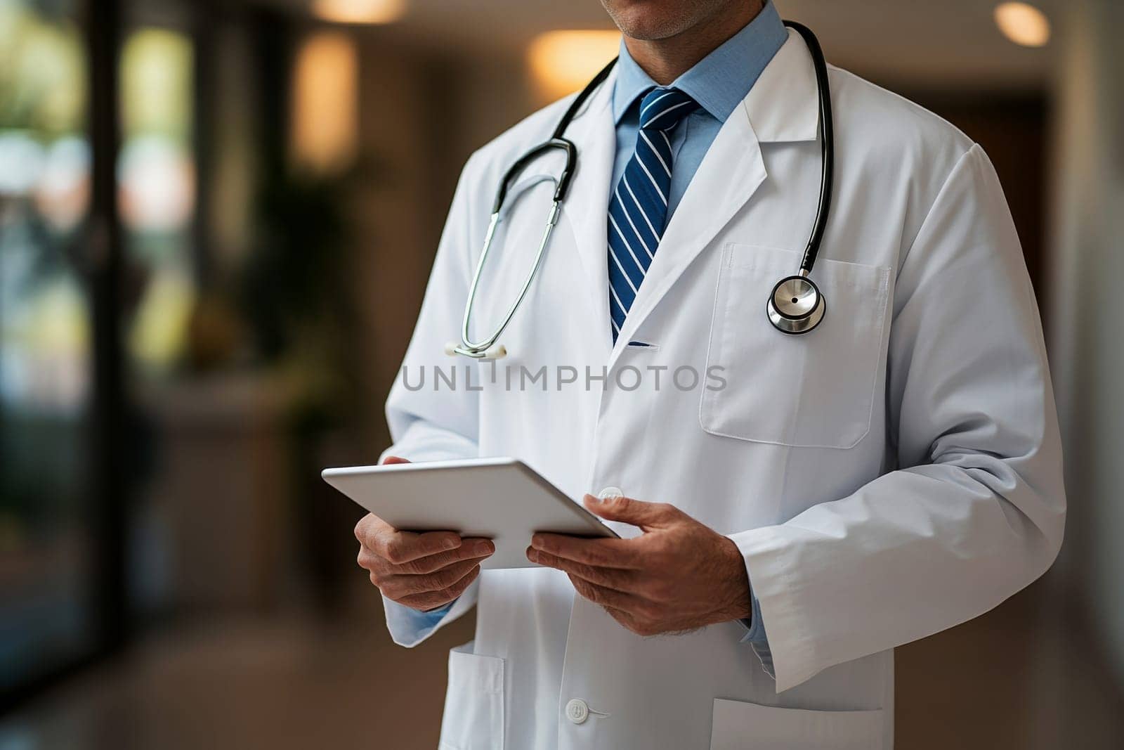 A doctor in a white coat with a stethoscope around his neck holding a tablet. High quality illustration