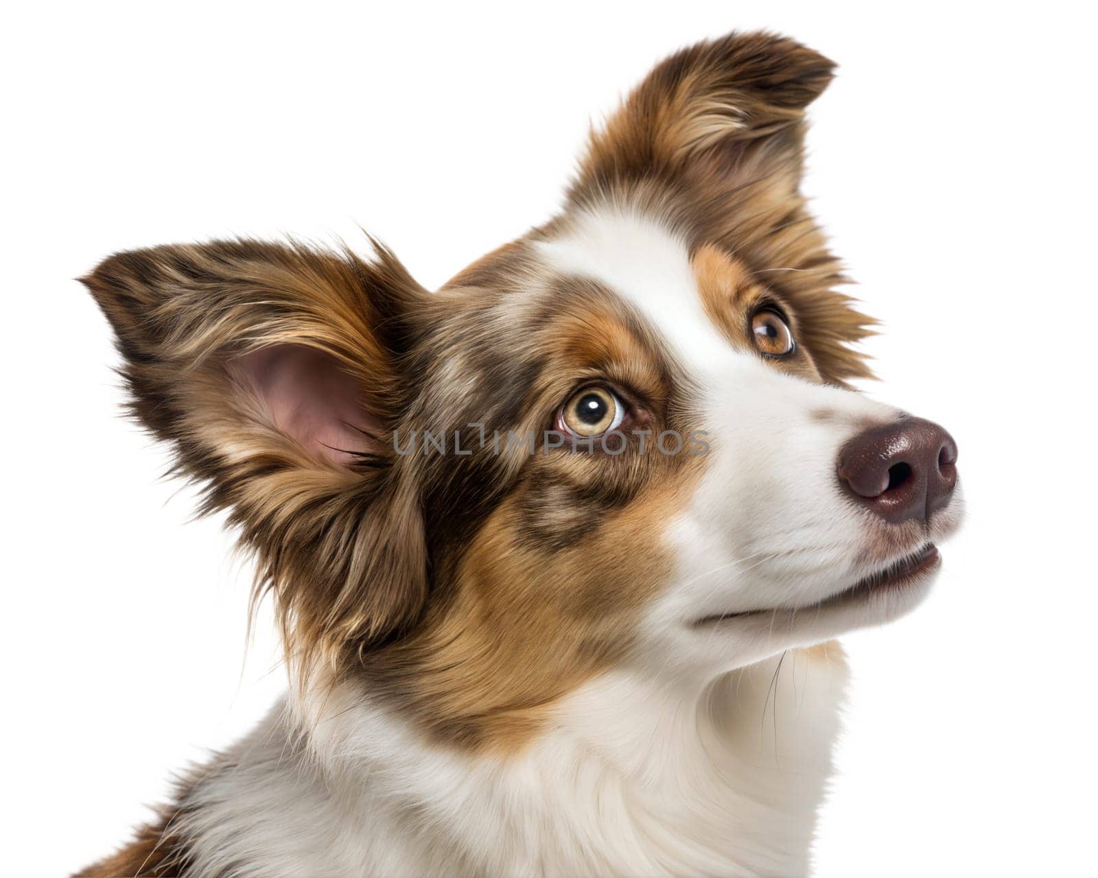 Miniature American Shepherd portrait isolated on white background. American Shepherd headshot on white. Ai generated image