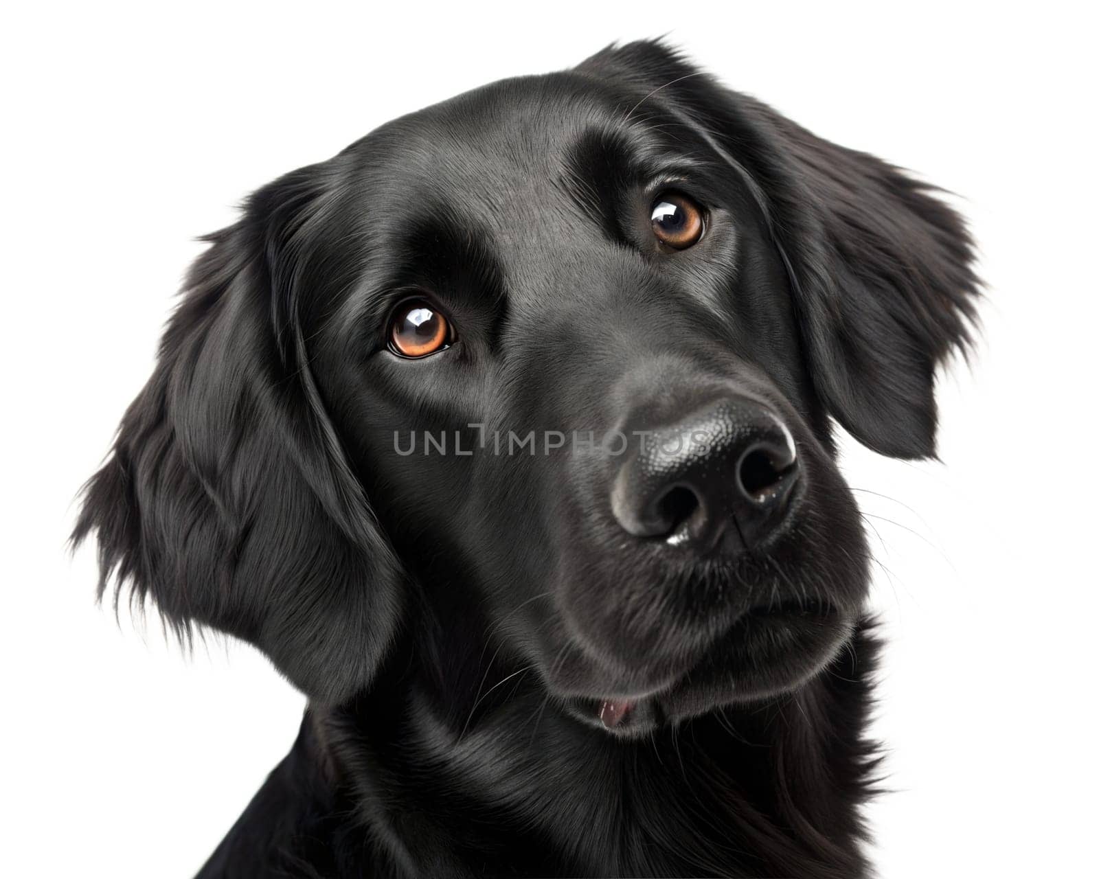 Flat coated black retriever portrait looking at camera isolated on white background. black retriever headshot on white. Ai generated image
