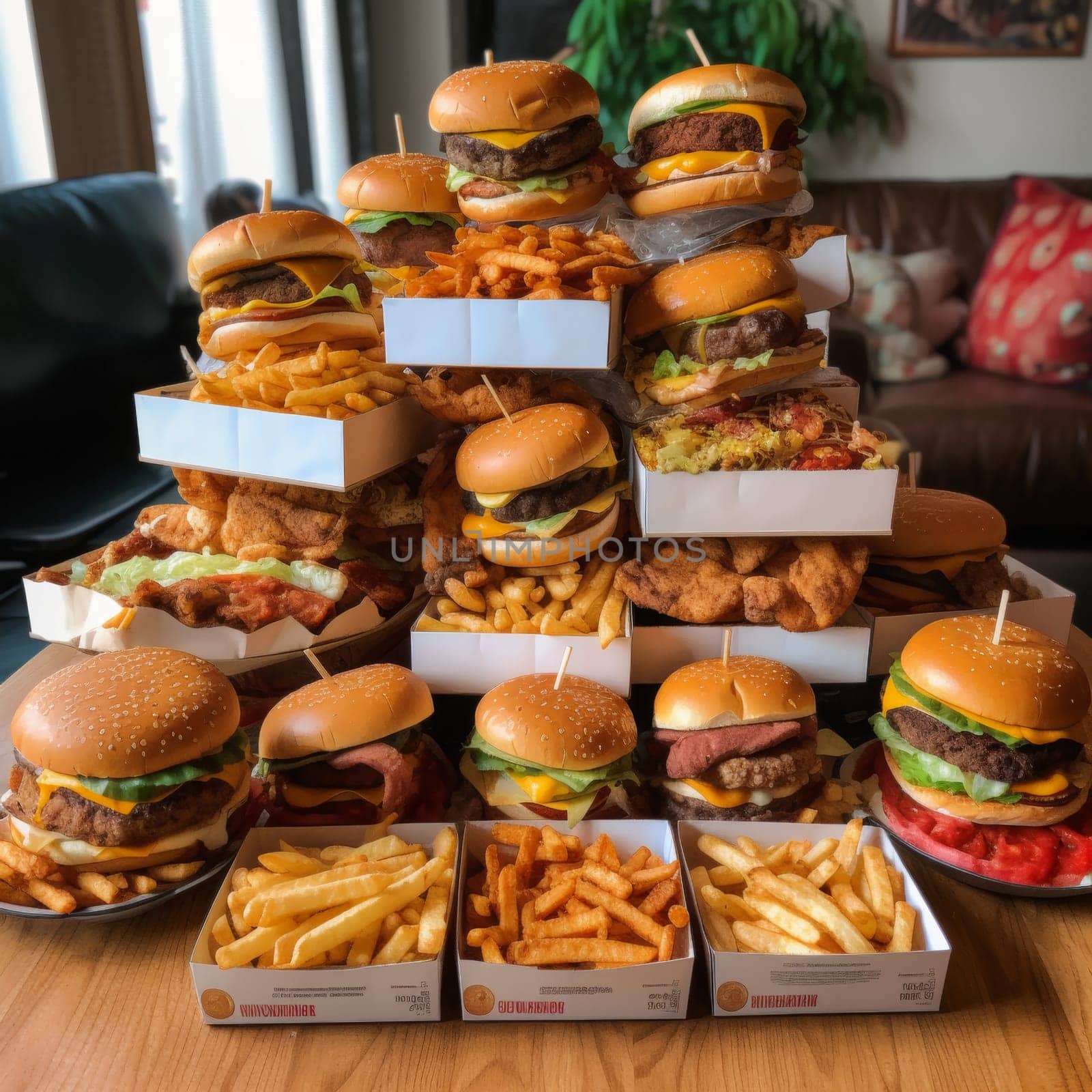 Lots of delicious fresh burgers and fries. Food products harmful to humans. Diet and healthy eating concept. High quality photo