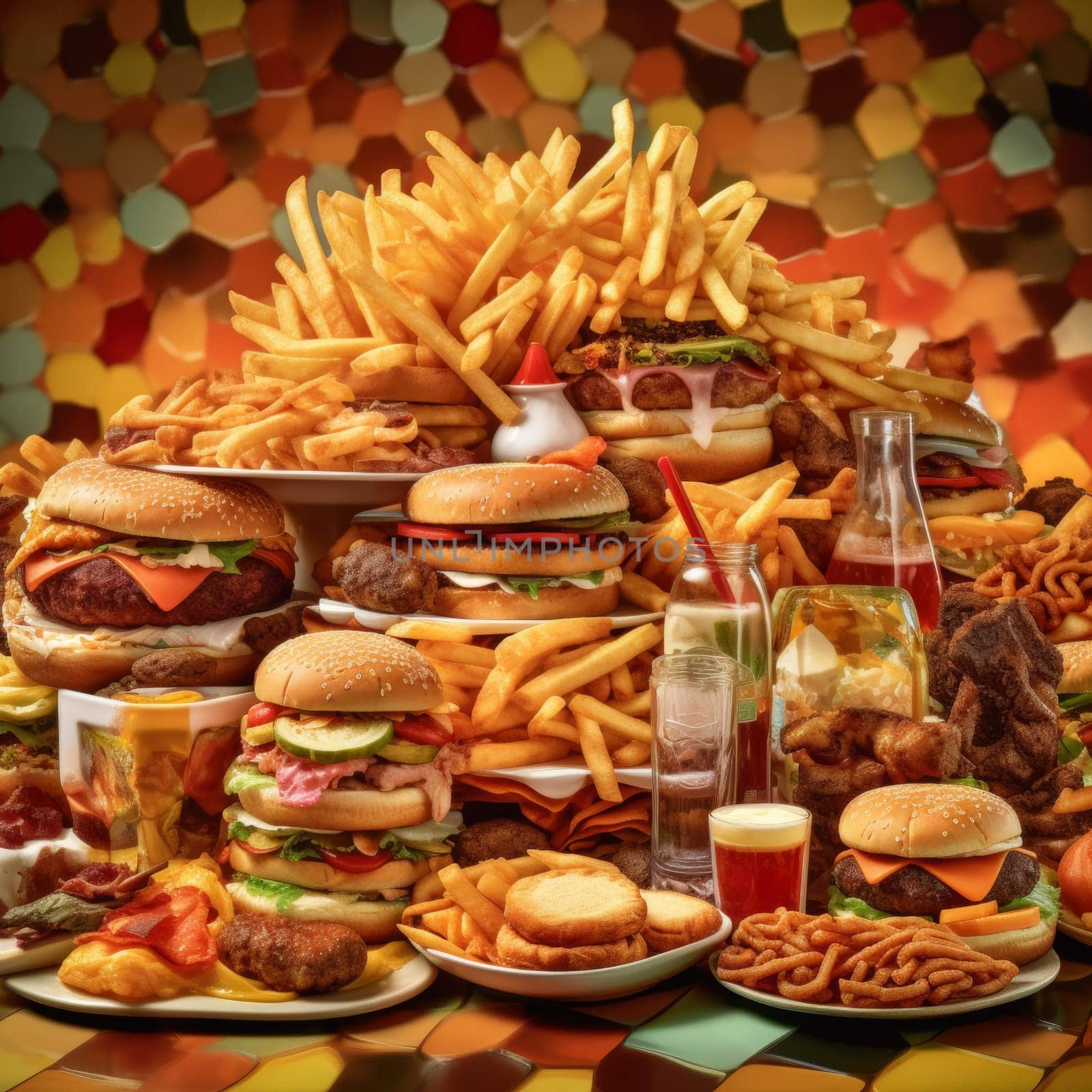 Lots of delicious fresh burgers and fries. Food products harmful to humans. Diet and healthy eating concept. High quality photo