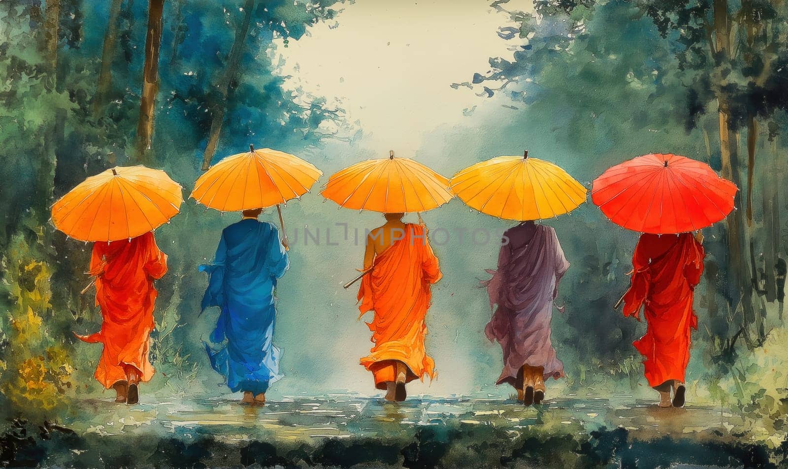 A painting of monks in colorful robes walking down the street with umbrellas. Selective focus.