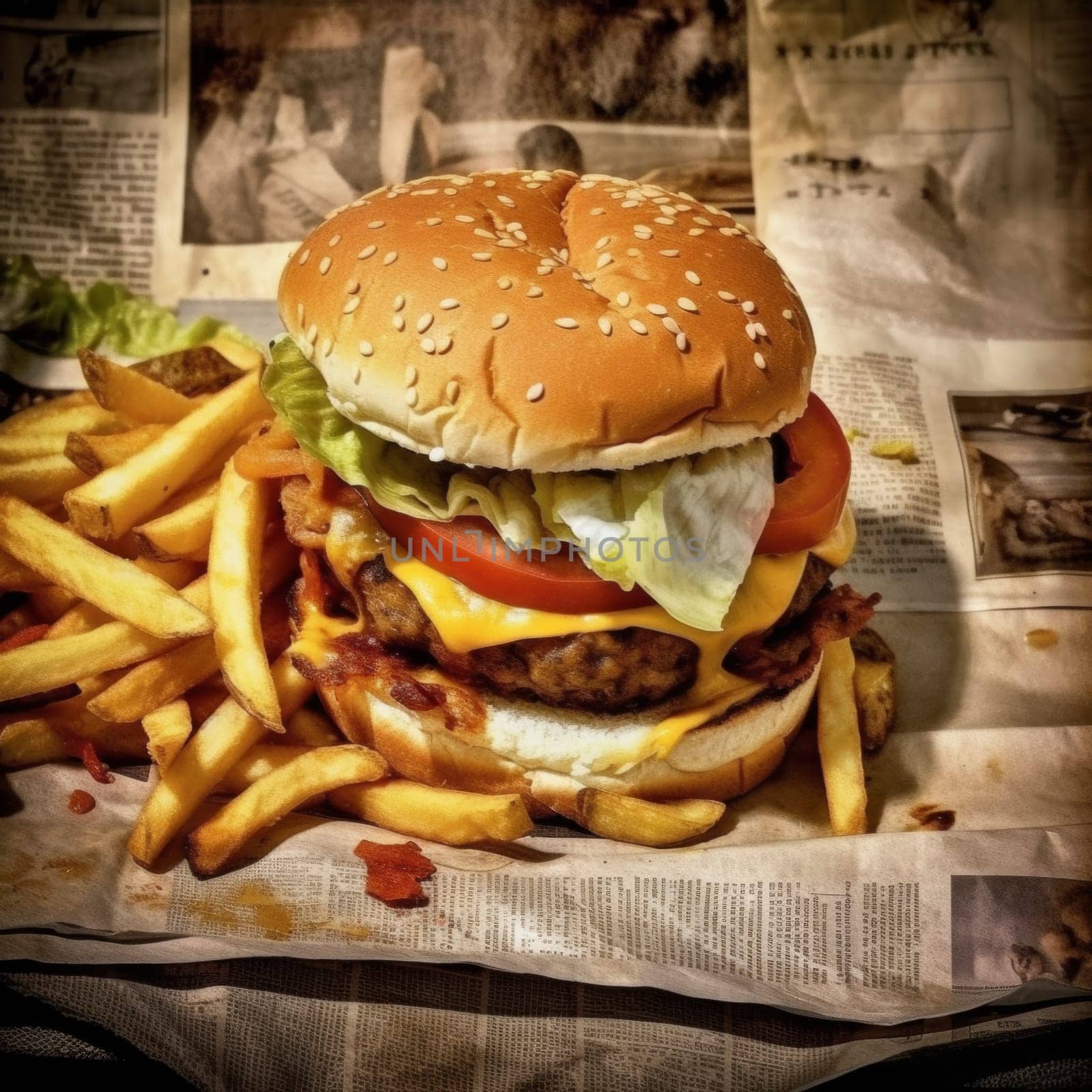 A juicy tasty hamburger lies on the table. High quality photo