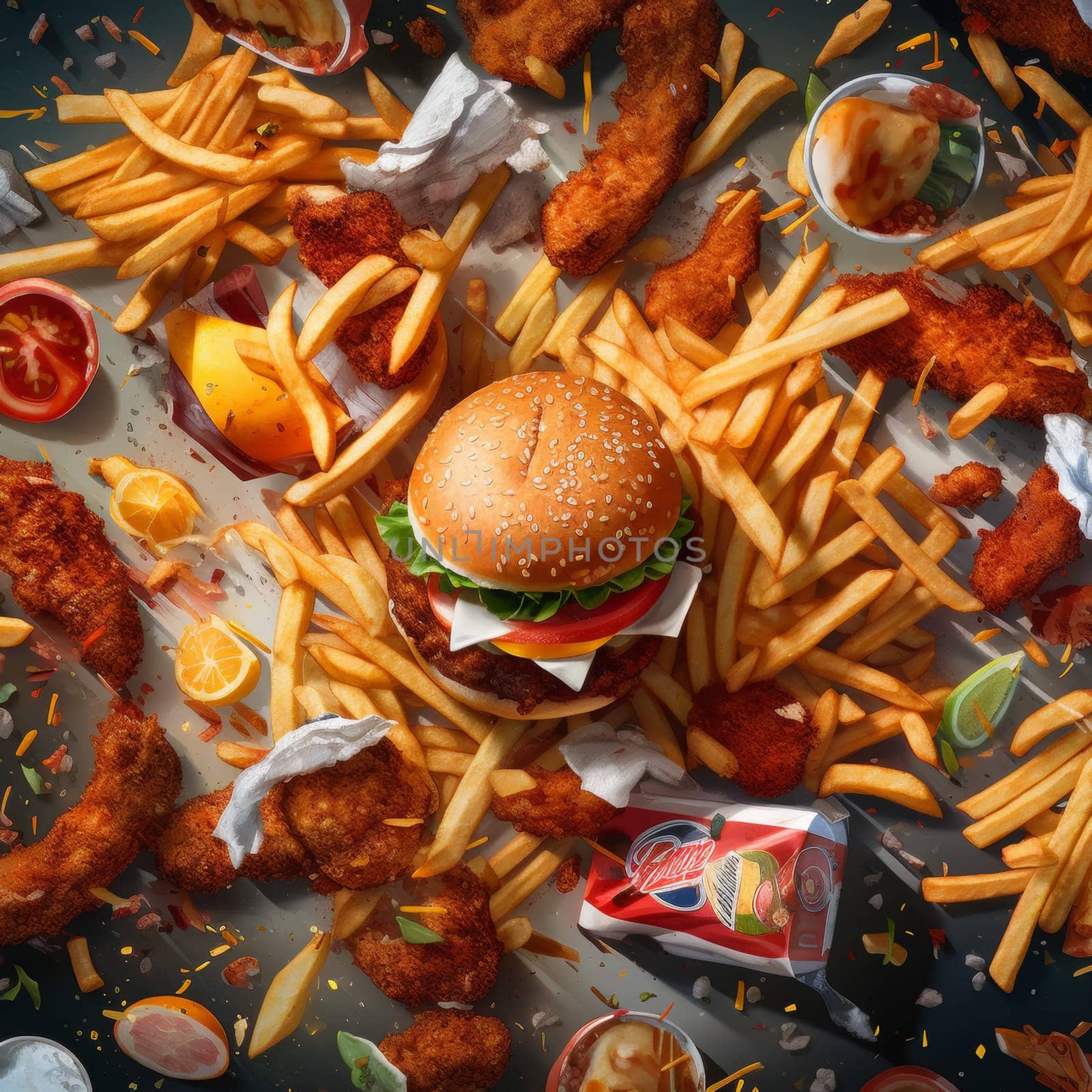 Lots of delicious fresh burgers and fries. Food products harmful to humans. Diet and healthy eating concept. High quality photo