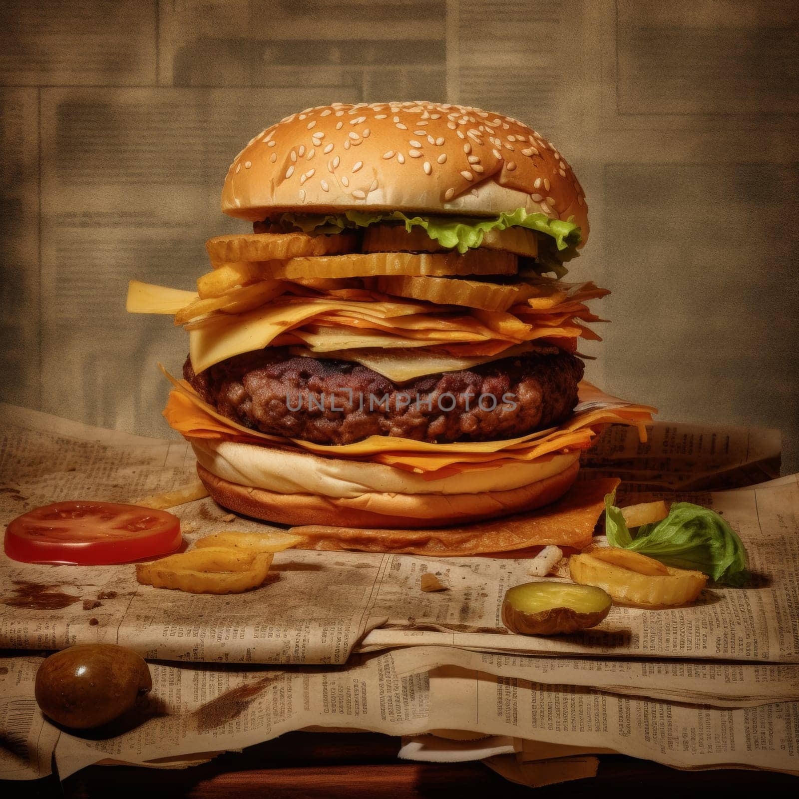 A juicy tasty hamburger lies on the table. High quality photo